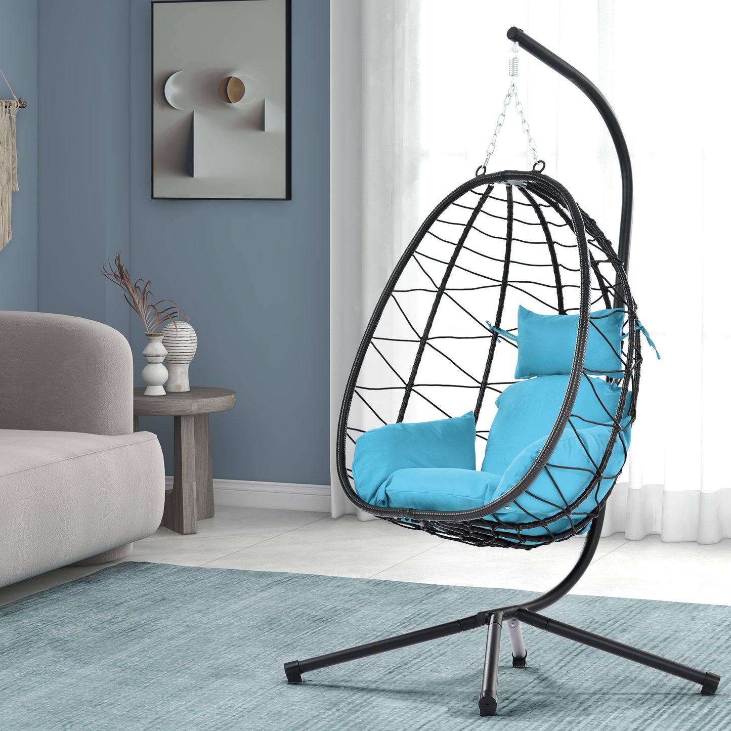 SYNGAR Hanging Egg Chair, Swing Chair with Steel Hammock Stand Set, Hammock Chair with Soft Seat Cushion, Multifunctional Hanging Chairs for Outdoor Indoor Bedroom, Light Blue