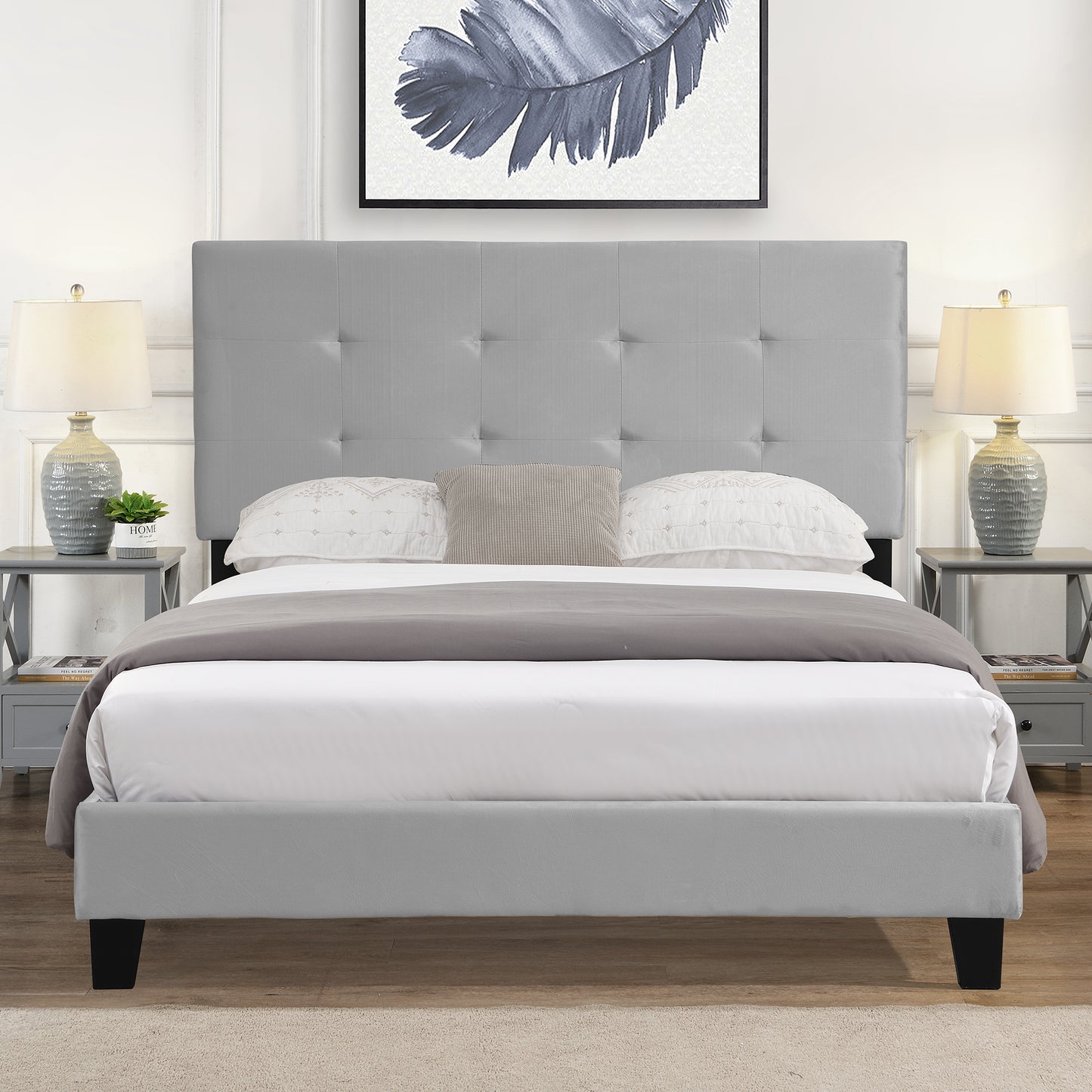 SYNGAR Gray Velvet Upholstered Platform Bed Frame Full Size with Elegant Headboard, Wood Frame Bedroom Furniture with Strong Slat Support, No Box Spring Needed, Noise Free, Easy Assembly