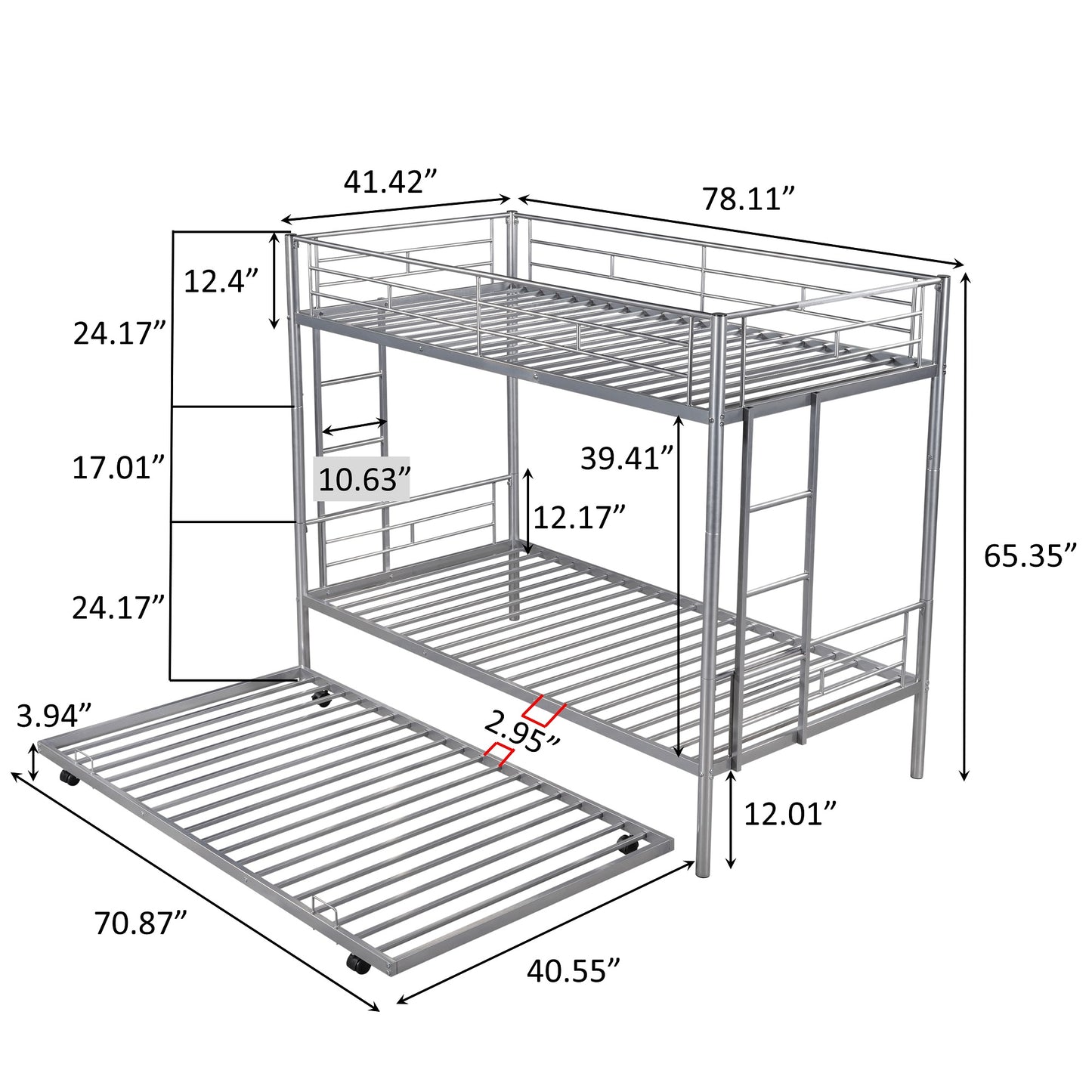 Twin over Twin Bunk Bed Frame with Trundle, SYNGAR Upgraded Bunk Beds with Ladder & Guardrail, Heavy Duty Kids Bedroom Furniture Bunk Bed for Boys and Girls, Space Saver Guest Room Bunk, Silver, C24