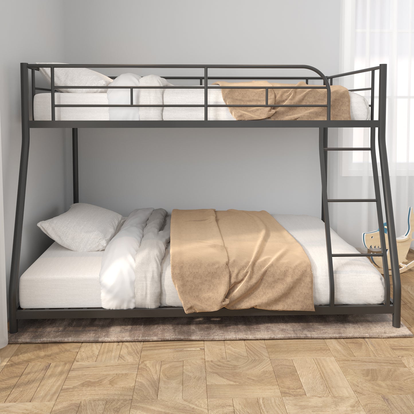 Twin Over Full Bunk Bed with Safety Rails & Ladder, Metal Bed Frame for Dorm Room Kids Bedroom Furniture Heavy Duty Steel Bunk Bed for Boys Girls Teens Adults, Black