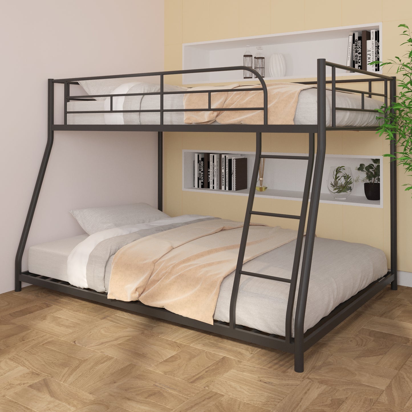 Twin Over Full Bunk Bed with Safety Rails & Ladder, Metal Bed Frame for Dorm Room Kids Bedroom Furniture Heavy Duty Steel Bunk Bed for Boys Girls Teens Adults, Black