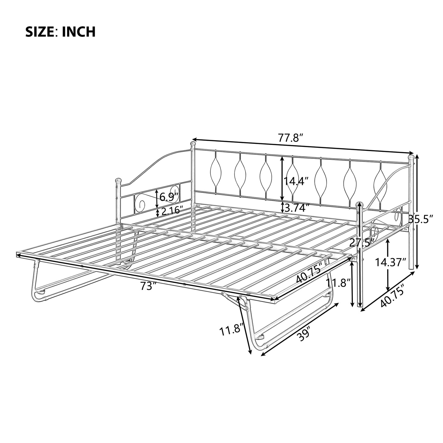SYNGAR Metal Twin Size Daybed with Roll-Out Trundle, Multifunctional Platform Portable Folding Trundle Bed Frame, Mattress Foundation/Children Bed Sofa for Guest Living Room, Black