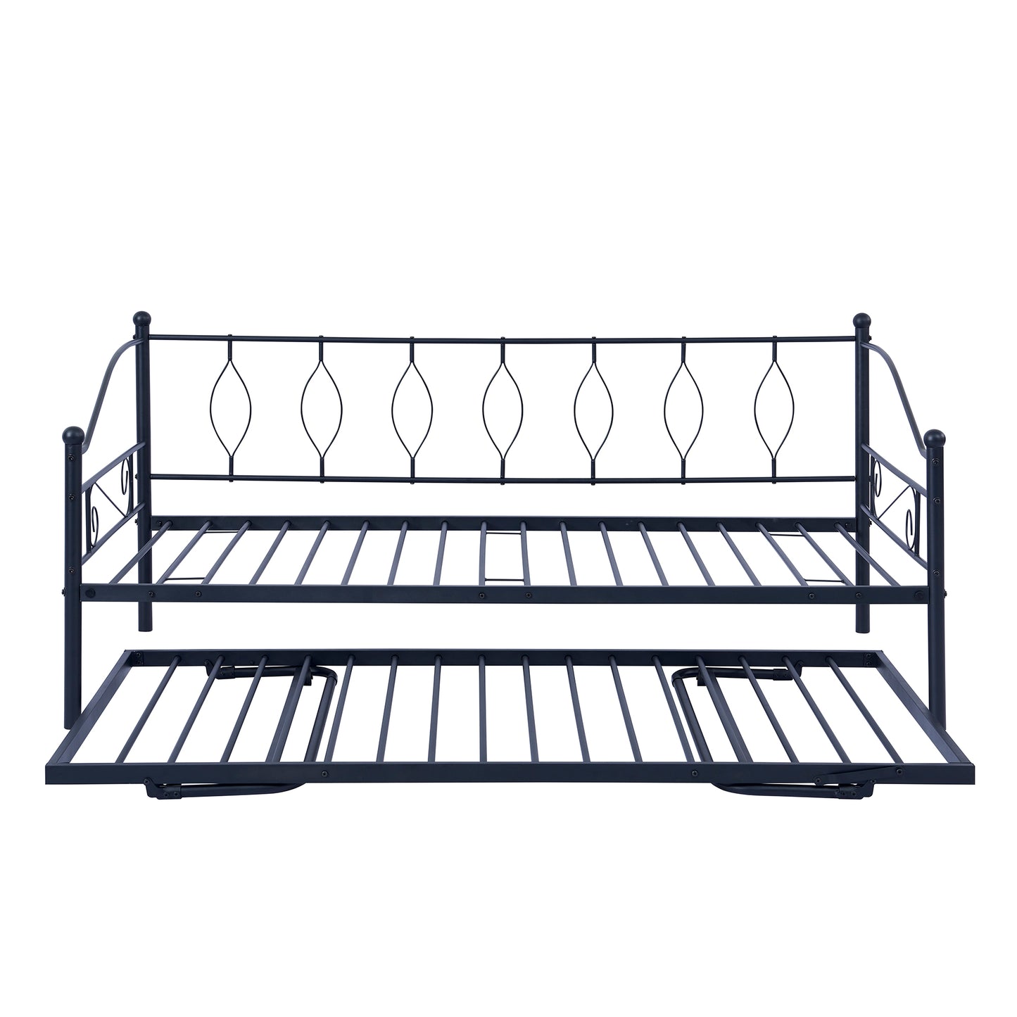 SYNGAR Metal Twin Size Daybed with Roll-Out Trundle, Multifunctional Platform Portable Folding Trundle Bed Frame, Mattress Foundation/Children Bed Sofa for Guest Living Room, Black