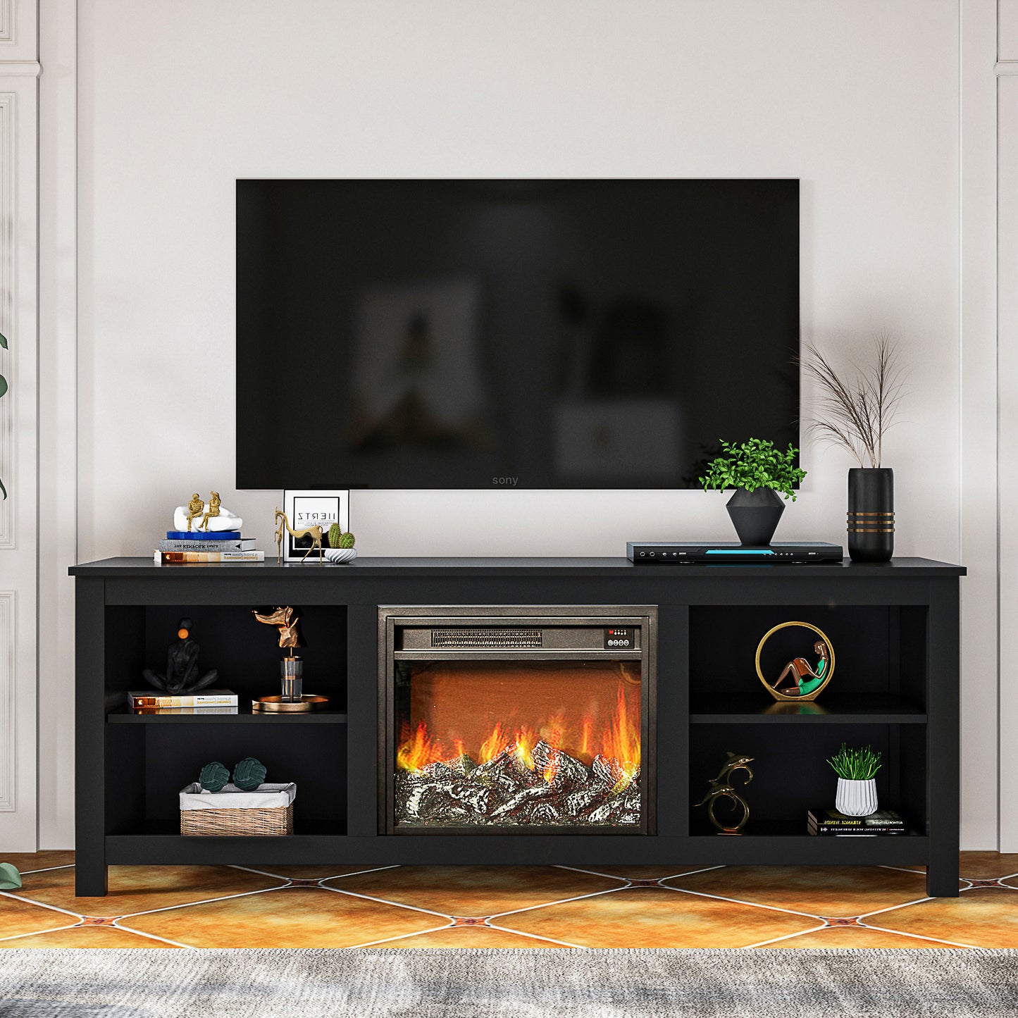 Fireplace TV Stand for TV up to 65 inches, Wood Electric Fireplace TV Console Table Stand with Storage Open Shelves, Home Living Room Entertainment Center, White, 58"L x 16"W x 24"H