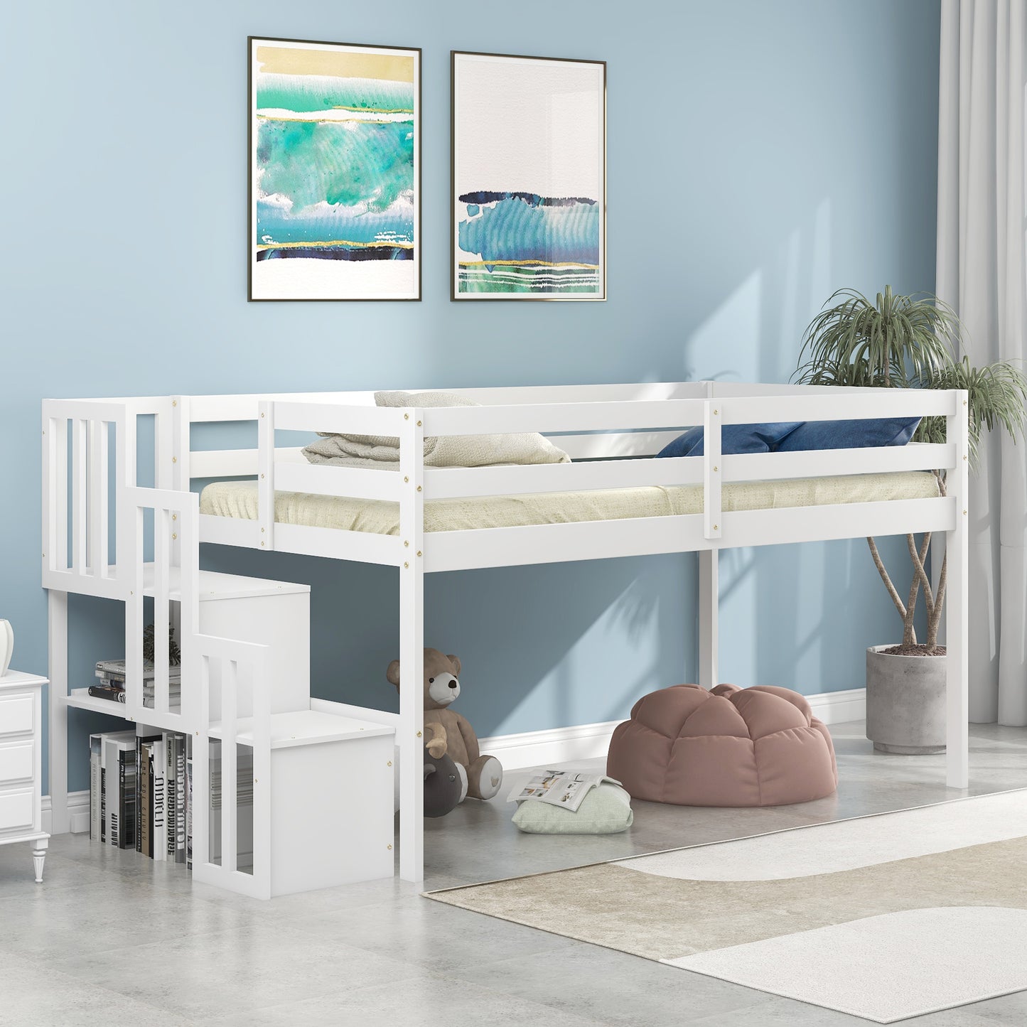 SYNGAR Twin Size Kids Loft Bed with Stairs, Wood Toddler Bunk Bed for Boys Girls Teens Adults, Twin Bed Frame with Storage, Low Profile Loft Bed for Kids Bedroom, Gray