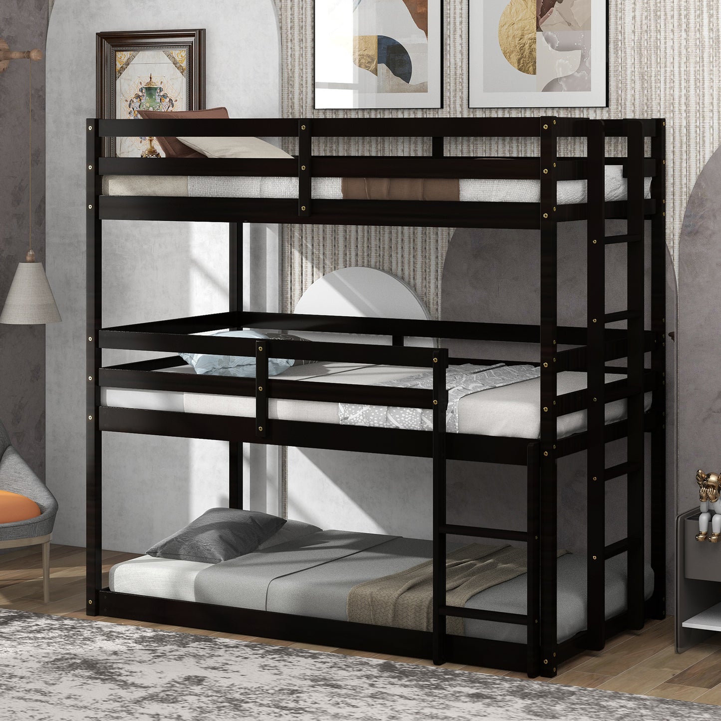 SYNGAR White Wood Triple Bunk Bed Frame for Kids, 3 Twin Bed Triple Floor Bunk Bed with Ladders, Adjustable Detachable Design 3 Bed Frame, No Box Spring Needed, Twin Over Twin Over Twin