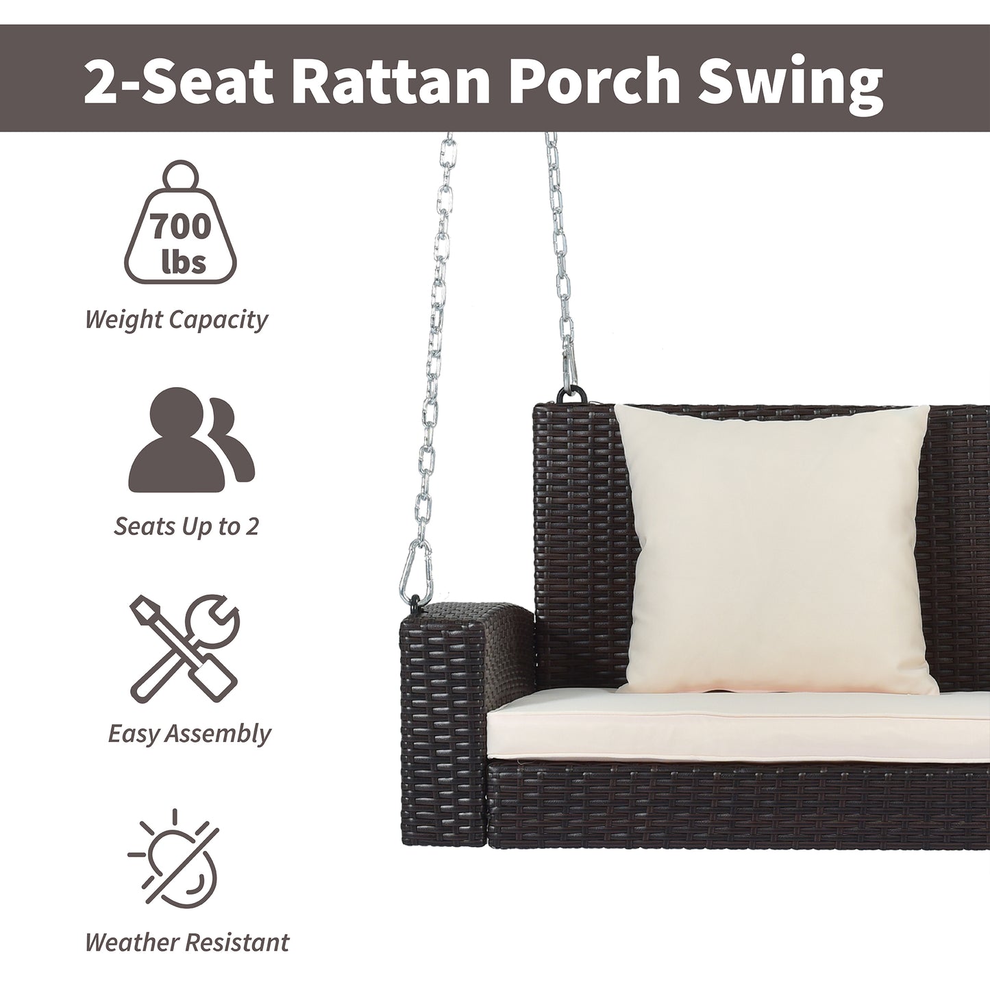 SYNGAR 2-Seat Hanging Porch Swing, Outdoor All Weather Rattan Swing Bench with Chains, Heavy Duty Hammock Bench Chair with Beige Cushions, Ideal for Backyard, Balcony, Deck, C30
