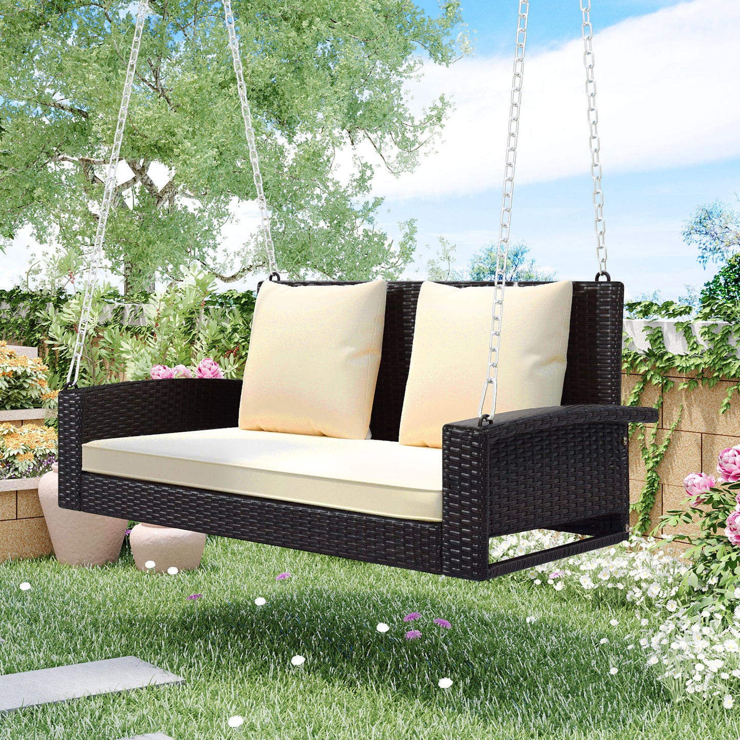 SYNGAR 2-Seat Hanging Porch Swing, Outdoor All Weather Rattan Swing Bench with Chains, Heavy Duty Hammock Bench Chair with Beige Cushions, Ideal for Backyard, Balcony, Deck, C30