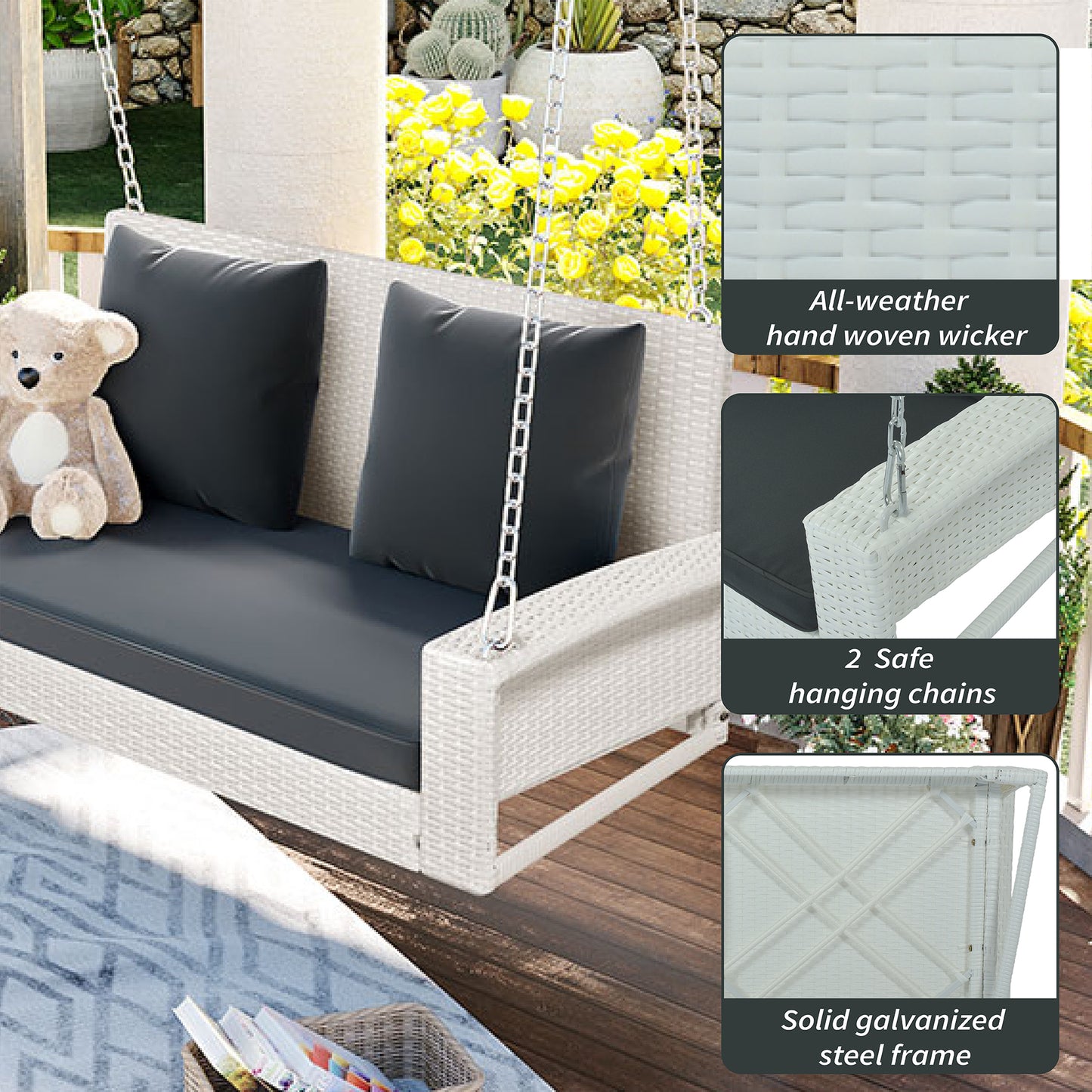 SYNGAR 2-Seat Hanging Porch Swing, Outdoor All Weather Rattan Swing Bench with Chains, Heavy Duty Hammock Bench Chair with Beige Cushions, Ideal for Backyard, Balcony, Deck, C30