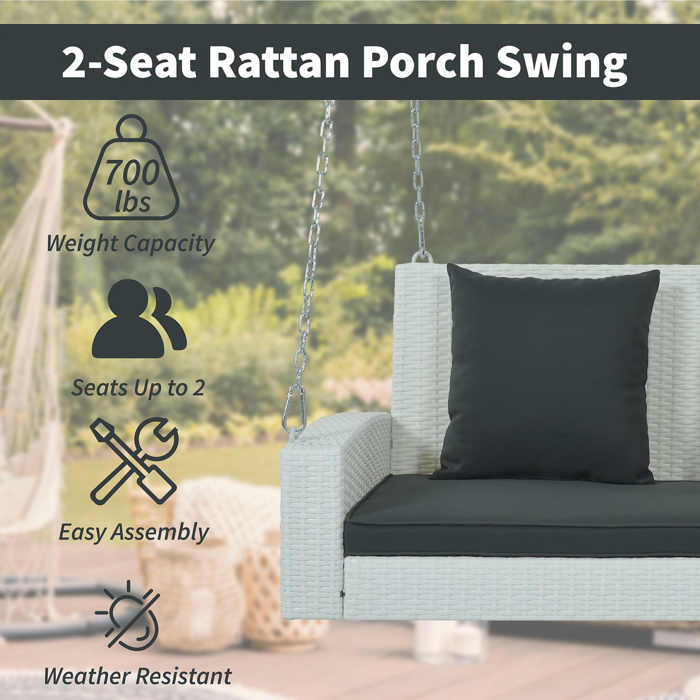 SYNGAR 2-Seat Hanging Porch Swing, Outdoor All Weather Rattan Swing Bench with Chains, Heavy Duty Hammock Bench Chair with Beige Cushions, Ideal for Backyard, Balcony, Deck, C30