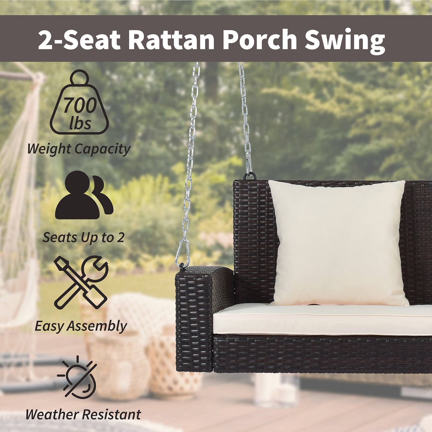 SYNGAR 2-Seat Hanging Porch Swing, Outdoor All Weather Rattan Swing Bench with Chains, Heavy Duty Hammock Bench Chair with Beige Cushions, Ideal for Backyard, Balcony, Deck, C30