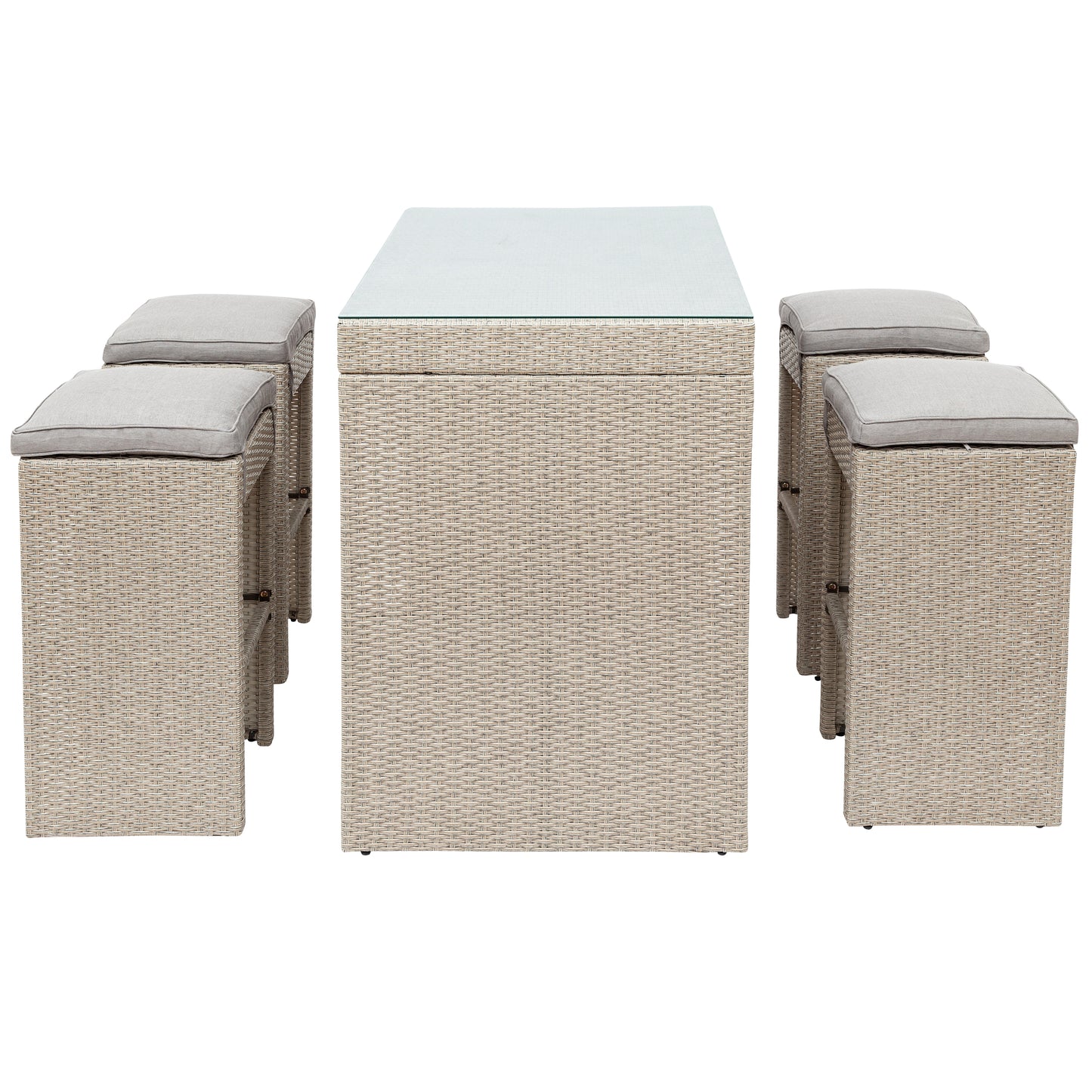 SYNGAR Outdoor Bar Set of 5, Patio Rattan Bar Dining Set with High Table and Cushioned Bar Stools, Counter Height Table Set with Chairs, Wicker Furniture Conversation Set for Garden Balcony Pool Deck