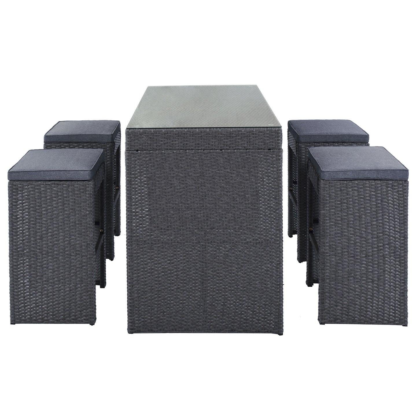 SYNGAR Outdoor Bar Set of 5, Patio Rattan Bar Dining Set with High Table and Cushioned Bar Stools, Counter Height Table Set with Chairs, Wicker Furniture Conversation Set for Garden Balcony Pool Deck