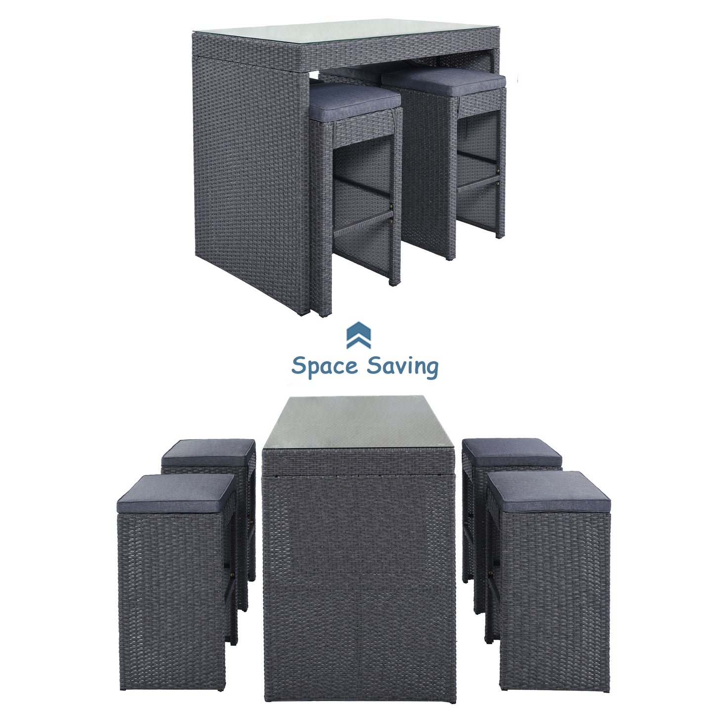 SYNGAR Outdoor Bar Set of 5, Patio Rattan Bar Dining Set with High Table and Cushioned Bar Stools, Counter Height Table Set with Chairs, Wicker Furniture Conversation Set for Garden Balcony Pool Deck