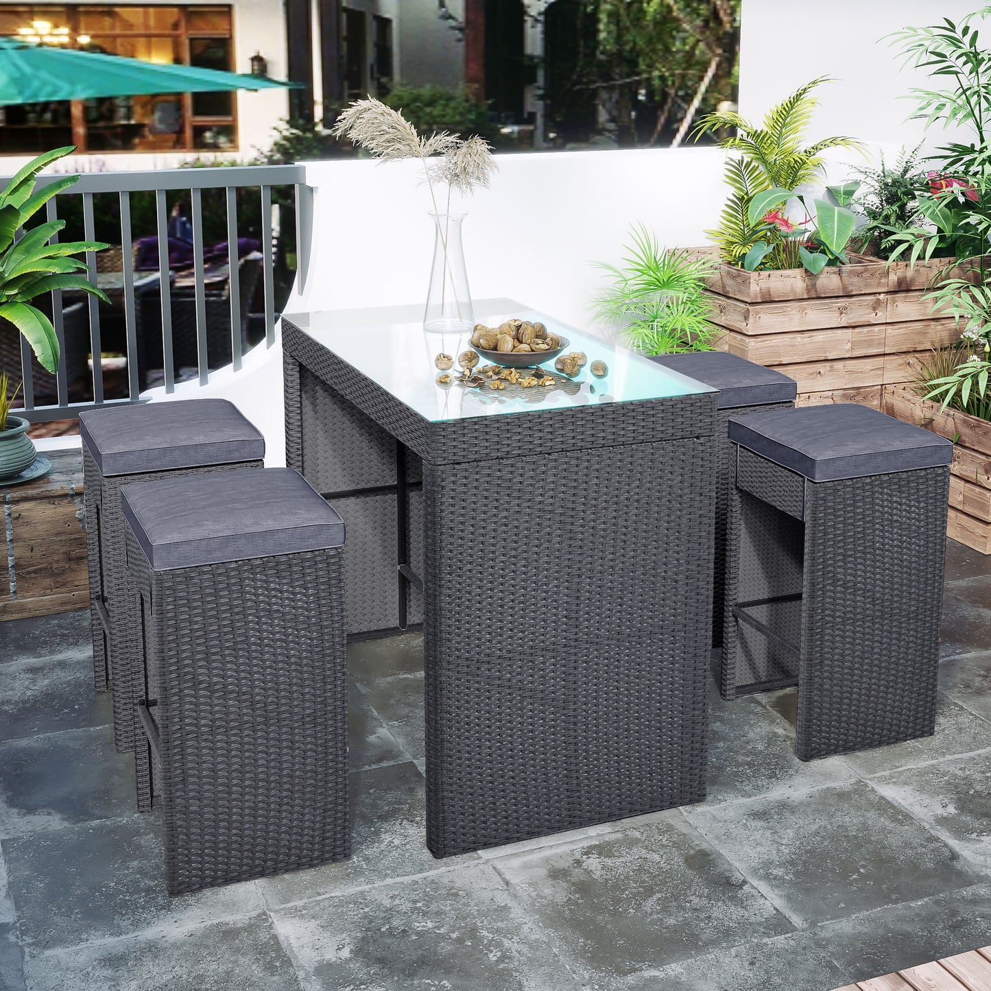 SYNGAR 5 Piece Outdoor Wicker Bar Table Set, Patio All Weather PE Rattan Dining Table Set with 4 Cushioned Stools, Bar Height Pub Table of Storage & Stools Set for 4, for Yard, Balcony, Garden, Y017