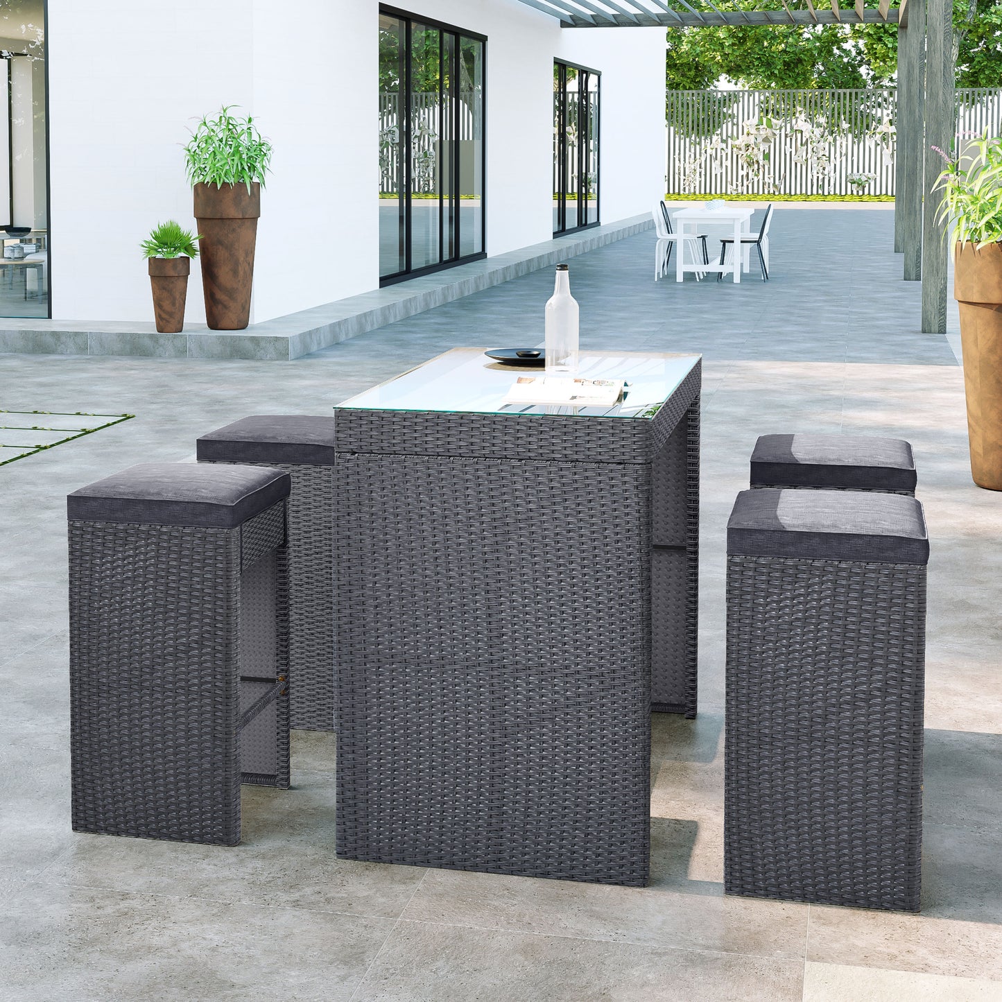 SYNGAR Outdoor Bar Set of 5, Patio Rattan Bar Dining Set with High Table and Cushioned Bar Stools, Counter Height Table Set with Chairs, Wicker Furniture Conversation Set for Garden Balcony Pool Deck