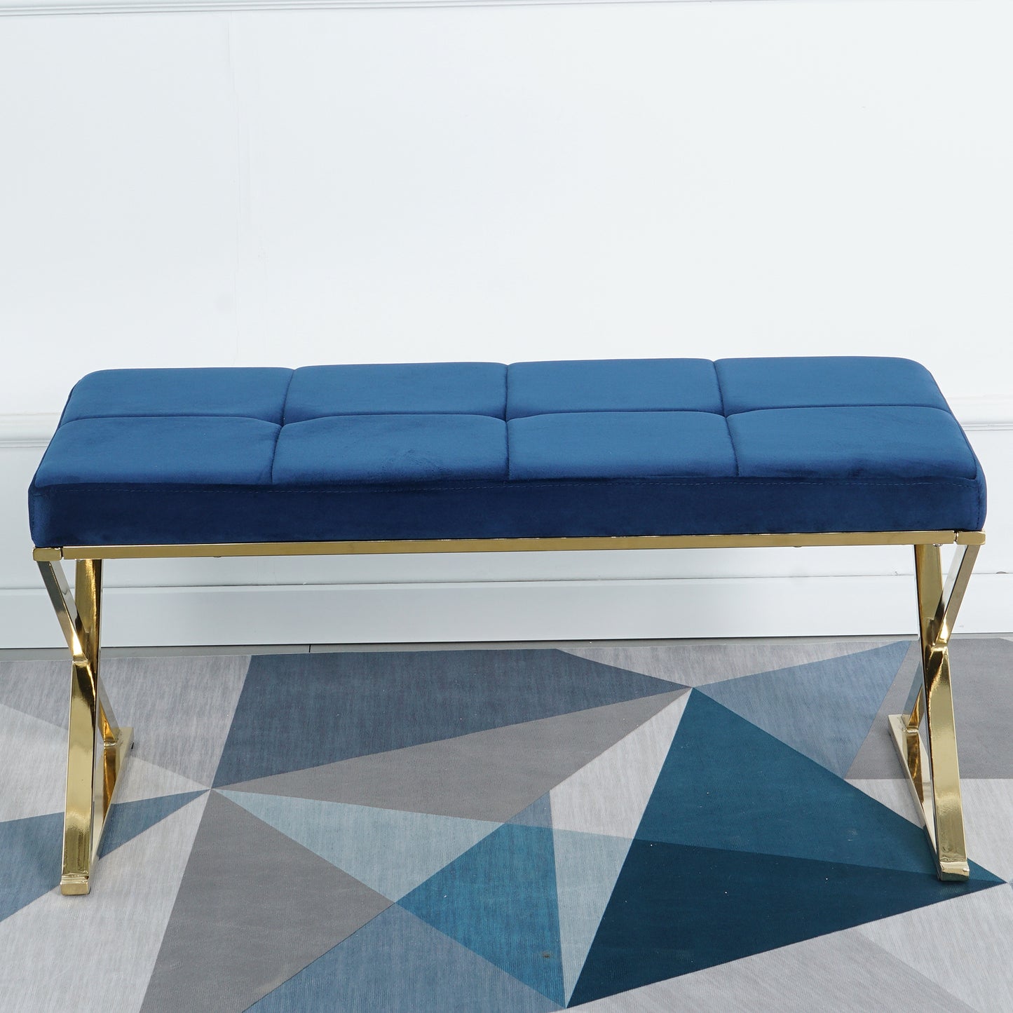 SYNGAR Upholstered Bedroom Bench, Modern Velvet Footstool Bench Seat for Living Room, Hallway, Entryway, Ottoman Bench with Gold Metal Legs, Blue