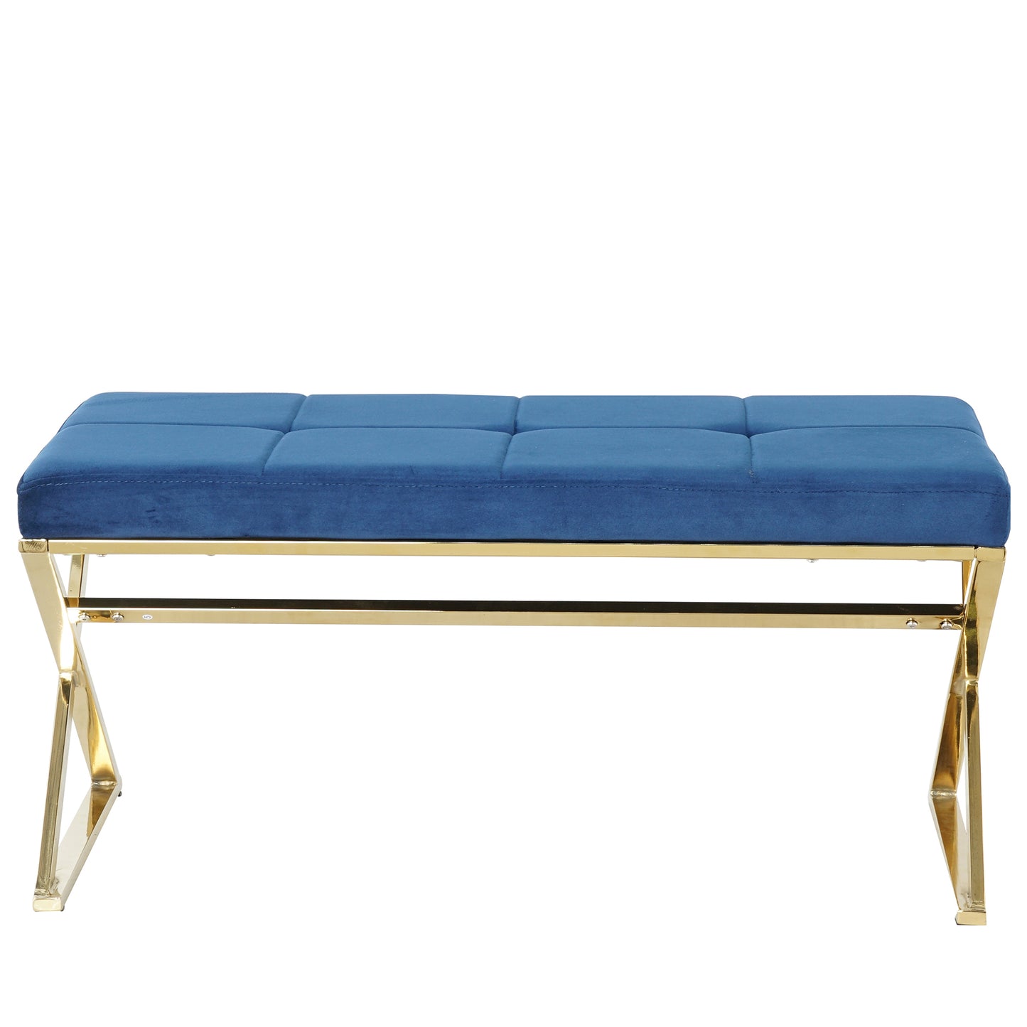 SYNGAR Upholstered Bedroom Bench, Modern Velvet Footstool Bench Seat for Living Room, Hallway, Entryway, Ottoman Bench with Gold Metal Legs, Blue