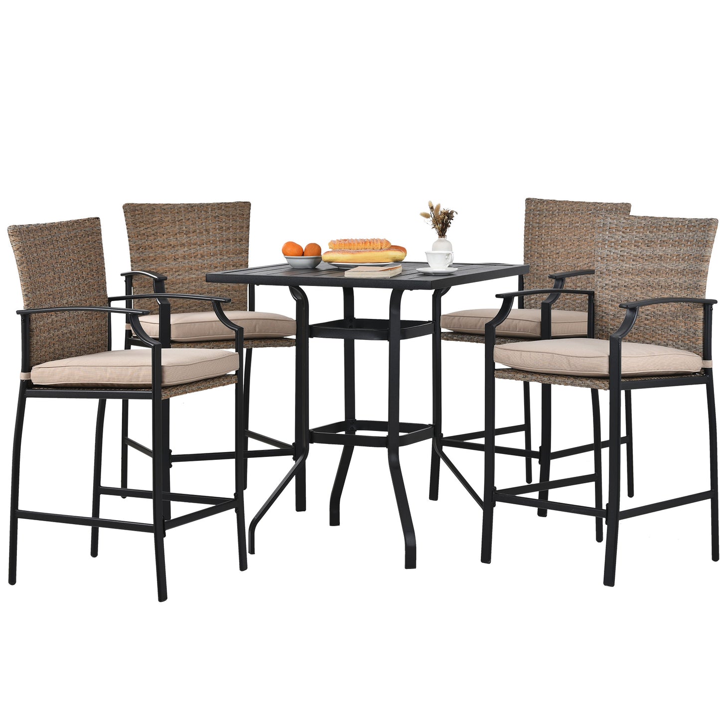 SYNGAR 5 Piece Outdoor Wicker Bar Table Set, Patio All Weather PE Rattan Dining Table Set with 4 Cushioned Stools, Bar Height Pub Table of Storage & Stools Set for 4, for Yard, Balcony, Garden, Y017