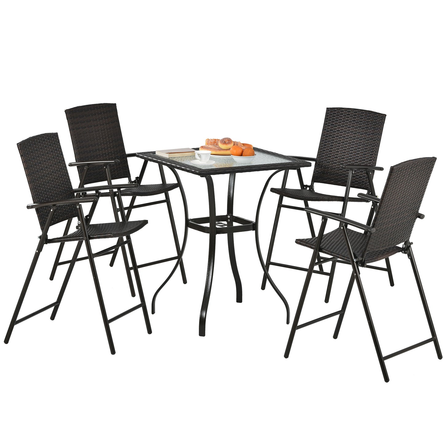 SYNGAR 5 Piece Outdoor Wicker Bar Table Set, Patio All Weather PE Rattan Dining Table Set with 4 Cushioned Stools, Bar Height Pub Table of Storage & Stools Set for 4, for Yard, Balcony, Garden, Y017