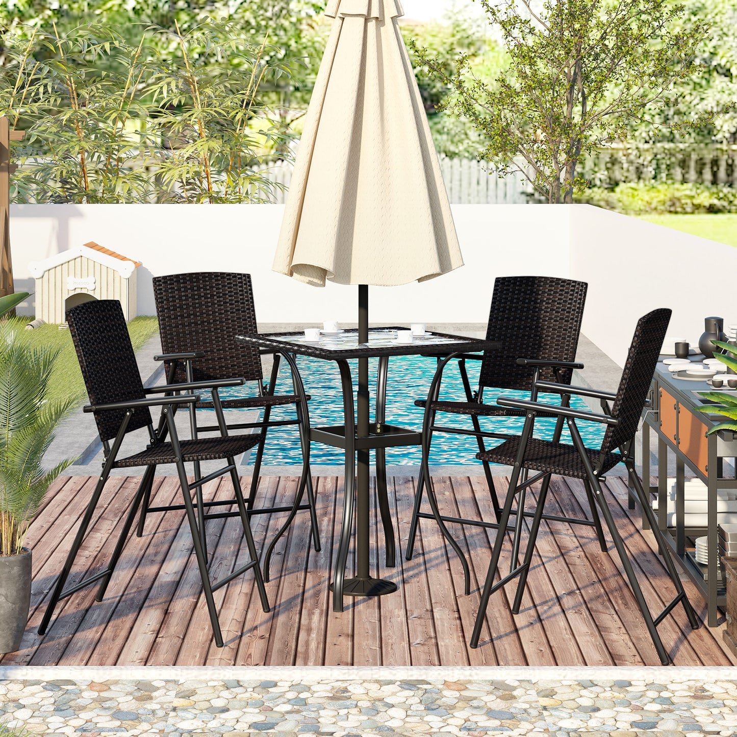 SYNGAR 5 Piece Outdoor Wicker Bar Table Set, Patio All Weather PE Rattan Dining Table Set with 4 Cushioned Stools, Bar Height Pub Table of Storage & Stools Set for 4, for Yard, Balcony, Garden, Y017