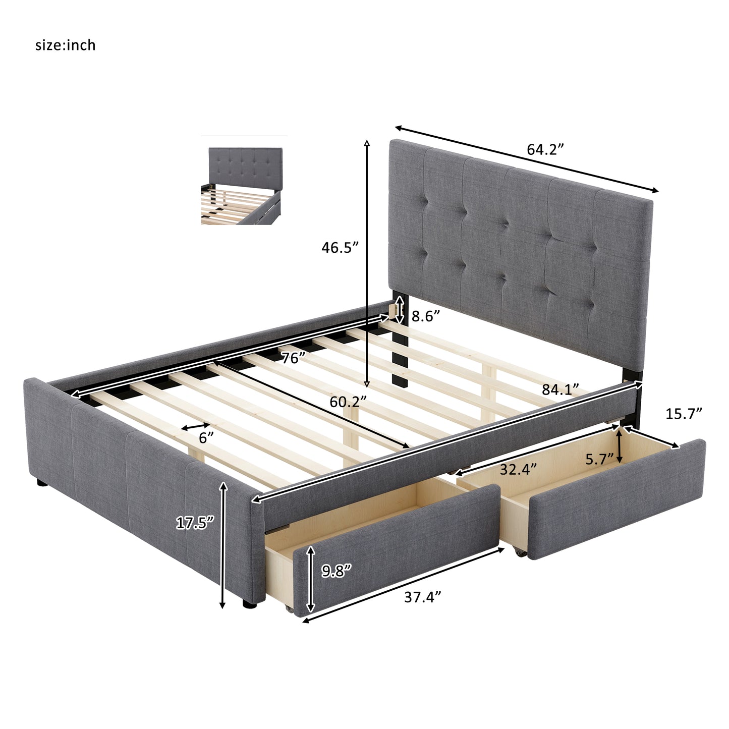 SYNGAR Upholstered Platform Bed Frame with Headboard and Footboard, Queen Size Bed Frames with Storage, No Box Spring Needed, Bedroom Furniture Storage Bed Frame for Kids Teens Adults, Gray