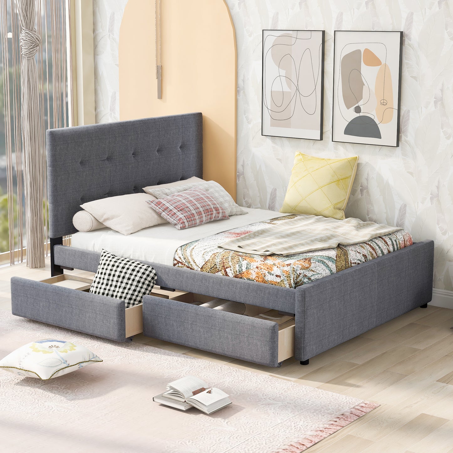 SYNGAR Upholstered Platform Bed Frame with Headboard and Footboard, Queen Size Bed Frames with Storage, No Box Spring Needed, Bedroom Furniture Storage Bed Frame for Kids Teens Adults, Gray
