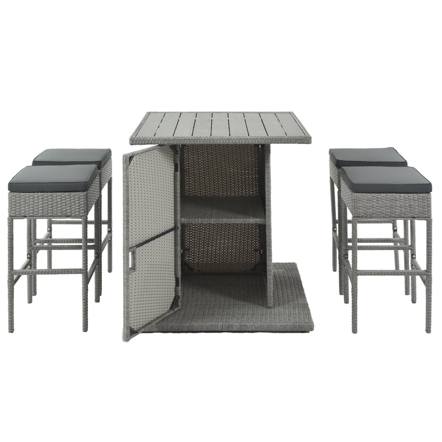 SYNGAR 5 Piece Outdoor Wicker Bar Table Set, Patio All Weather PE Rattan Dining Table Set with 4 Cushioned Stools, Bar Height Pub Table of Storage & Stools Set for 4, for Yard, Balcony, Garden, Y017