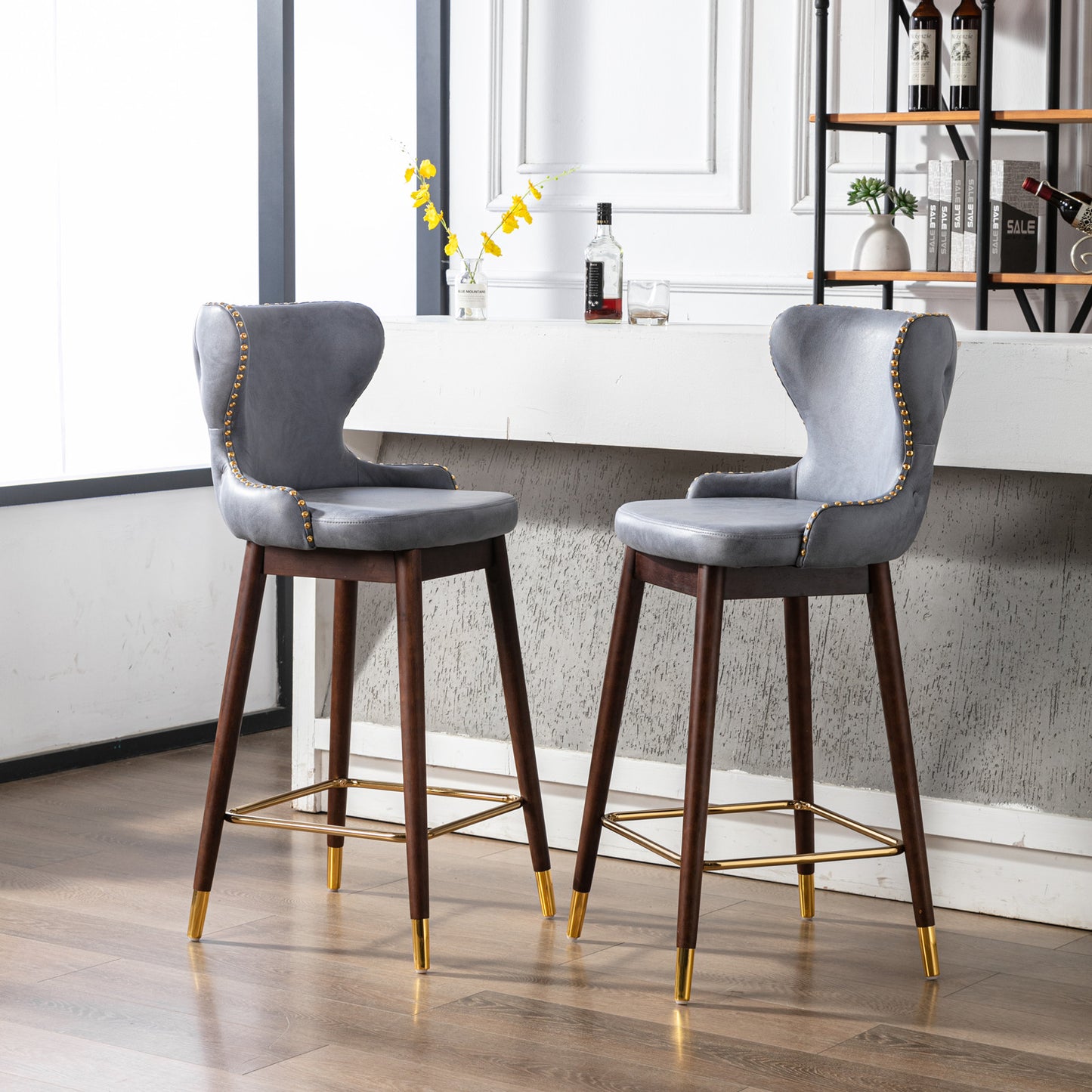 SYNGAR Modern Bar Chairs Set of 2, Contemporary Fabric Faux Leather Bar Stools Tool, Counter Stools with Tufted Nailheads and Wood Legs, High End Style Bar Chairs, khaki