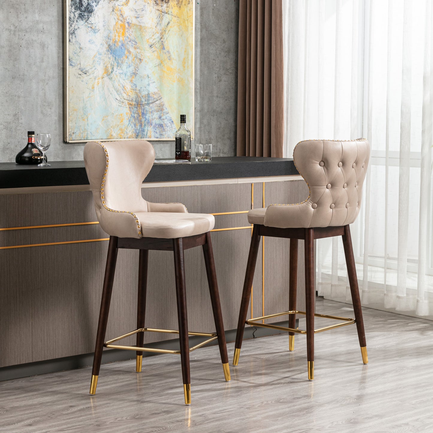 SYNGAR Modern Bar Chairs Set of 2, Contemporary Fabric Faux Leather Bar Stools Tool, Counter Stools with Tufted Nailheads and Wood Legs, High End Style Bar Chairs, khaki