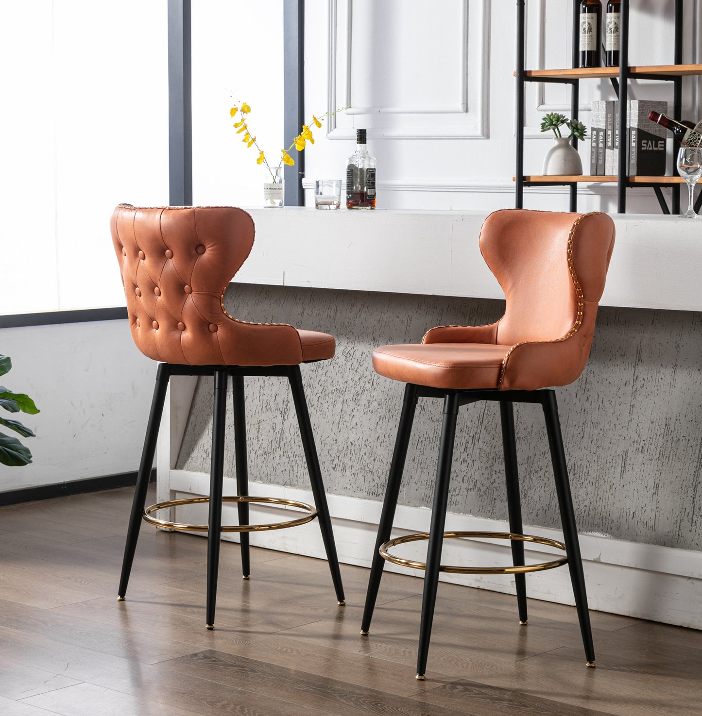 SYNGAR Modern Bar Chairs Set of 2, Contemporary Fabric Faux Leather Bar Stools Tool, Counter Stools with Tufted Nailheads and Wood Legs, High End Style Bar Chairs, khaki