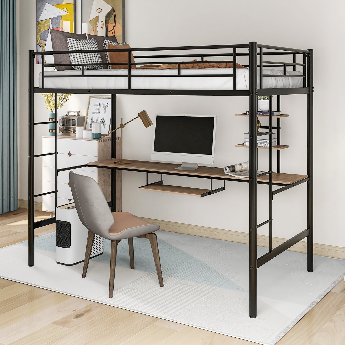SYNGAR Metal Twin Loft Bed with Desk and Storage Shelves, Space-Saving Bed Frame with Bilateral Ladders and Safety Guard Rails for Kids Teens Adults, No Box Spring Needed