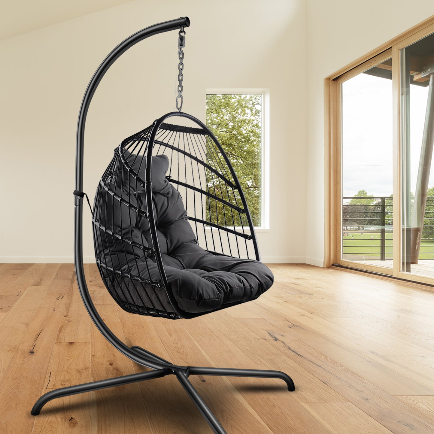 SYNGAR Egg Chair with Stand, Wicker Swing Chair, Patio Hammock Chair with Soft Cushion, Indoor Outdoor Balcony Bedroom Basket Hanging Lounge Chair, Heavy Duty Frame for 350 lbs Capacity, C27