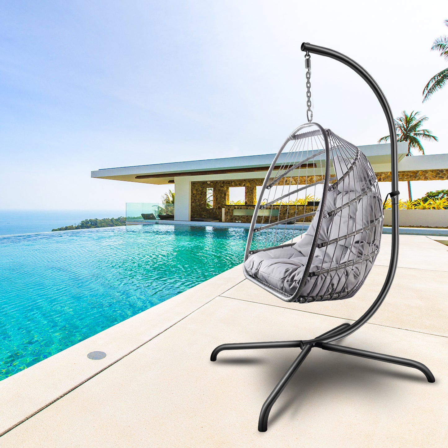 SYNGAR Egg Chair with Stand, Wicker Swing Chair, Patio Hammock Chair with Soft Cushion, Indoor Outdoor Balcony Bedroom Basket Hanging Lounge Chair, Heavy Duty Frame for 350 lbs Capacity, C27