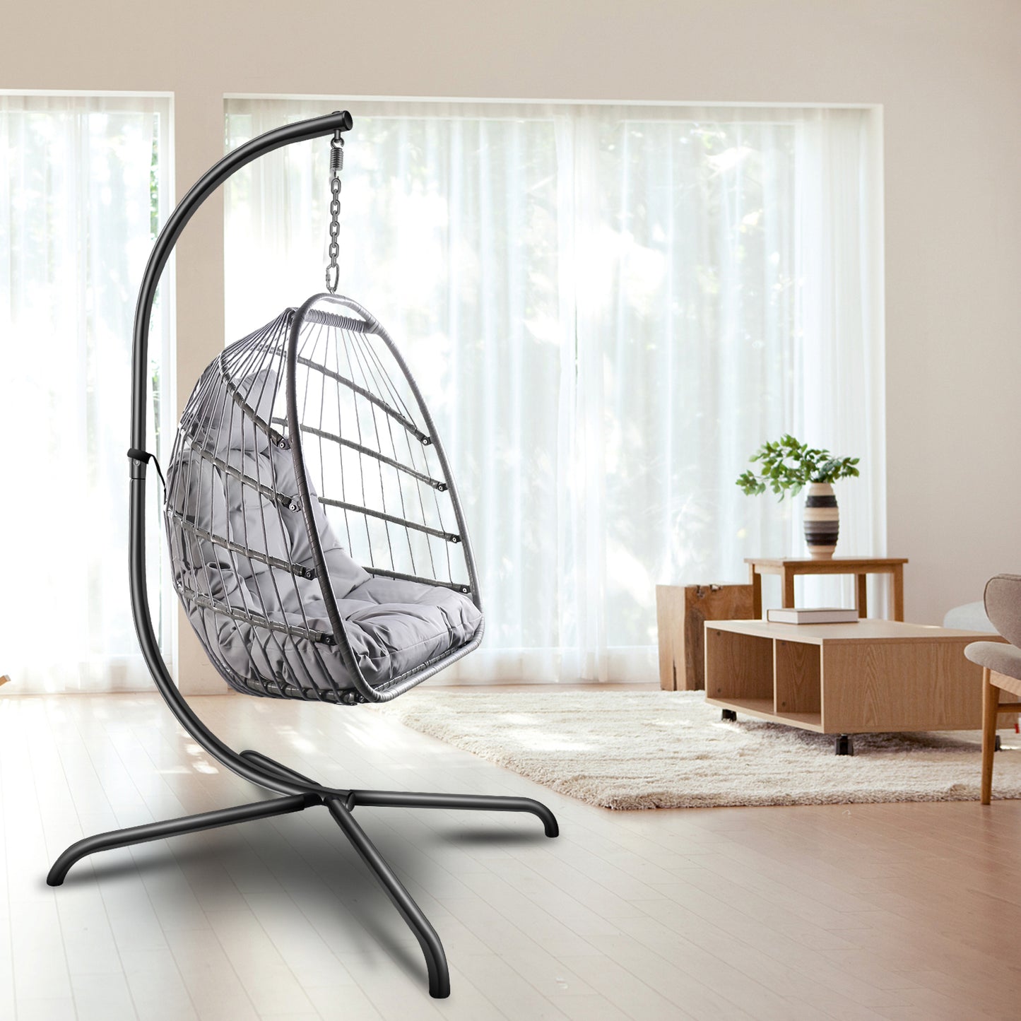 SYNGAR Egg Chair with Stand, Wicker Swing Chair, Patio Hammock Chair with Soft Cushion, Indoor Outdoor Balcony Bedroom Basket Hanging Lounge Chair, Heavy Duty Frame for 350 lbs Capacity, C27