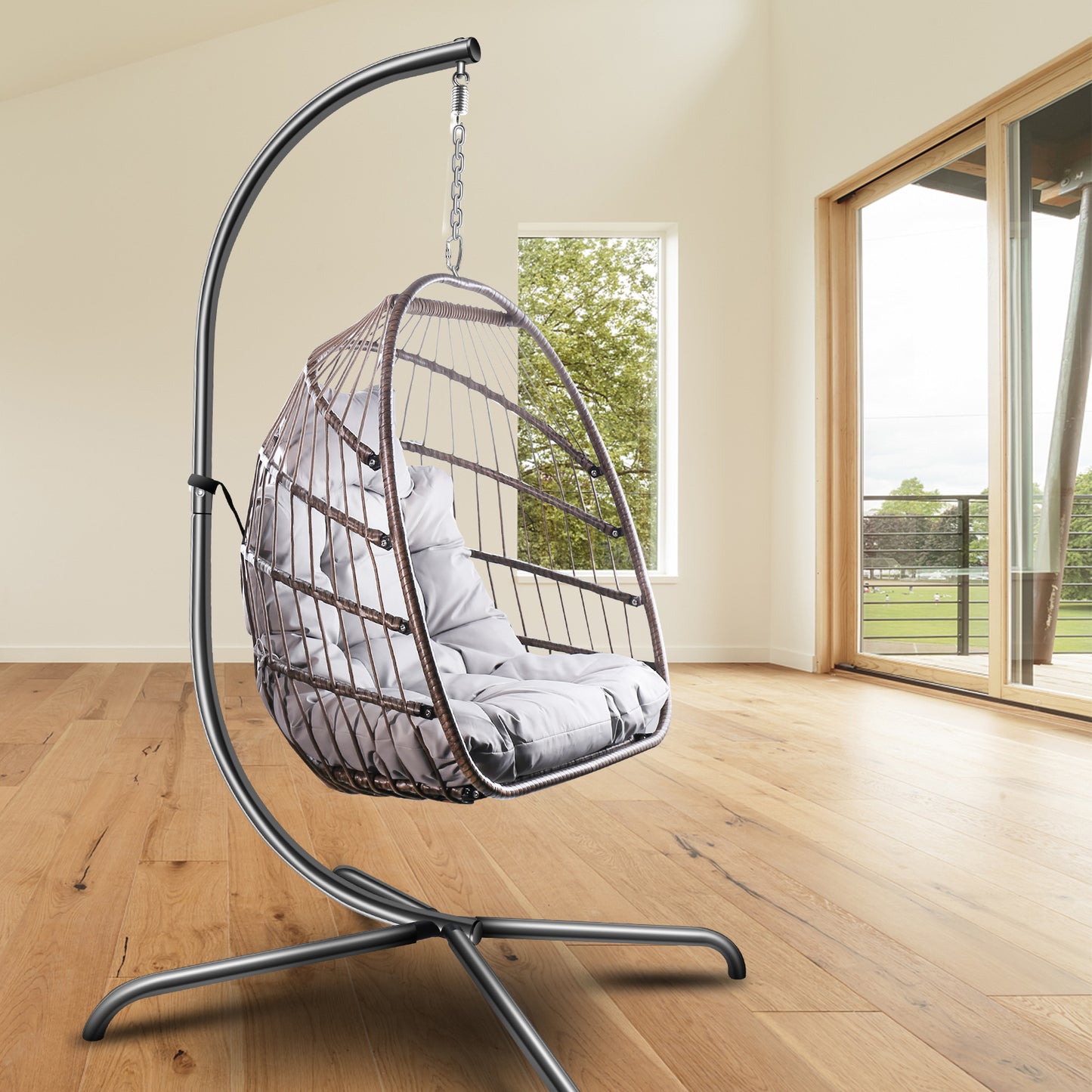 SYNGAR Egg Chair with Stand, Wicker Swing Chair, Patio Hammock Chair with Soft Cushion, Indoor Outdoor Balcony Bedroom Basket Hanging Lounge Chair, Heavy Duty Frame for 350 lbs Capacity, C27