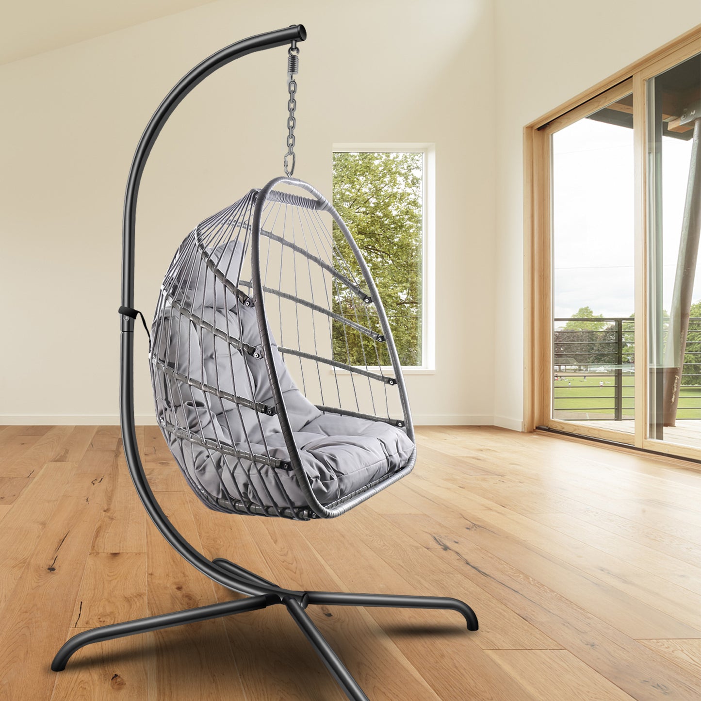 SYNGAR Egg Chair with Stand, Wicker Swing Chair, Patio Hammock Chair with Soft Cushion, Indoor Outdoor Balcony Bedroom Basket Hanging Lounge Chair, Heavy Duty Frame for 350 lbs Capacity, C27