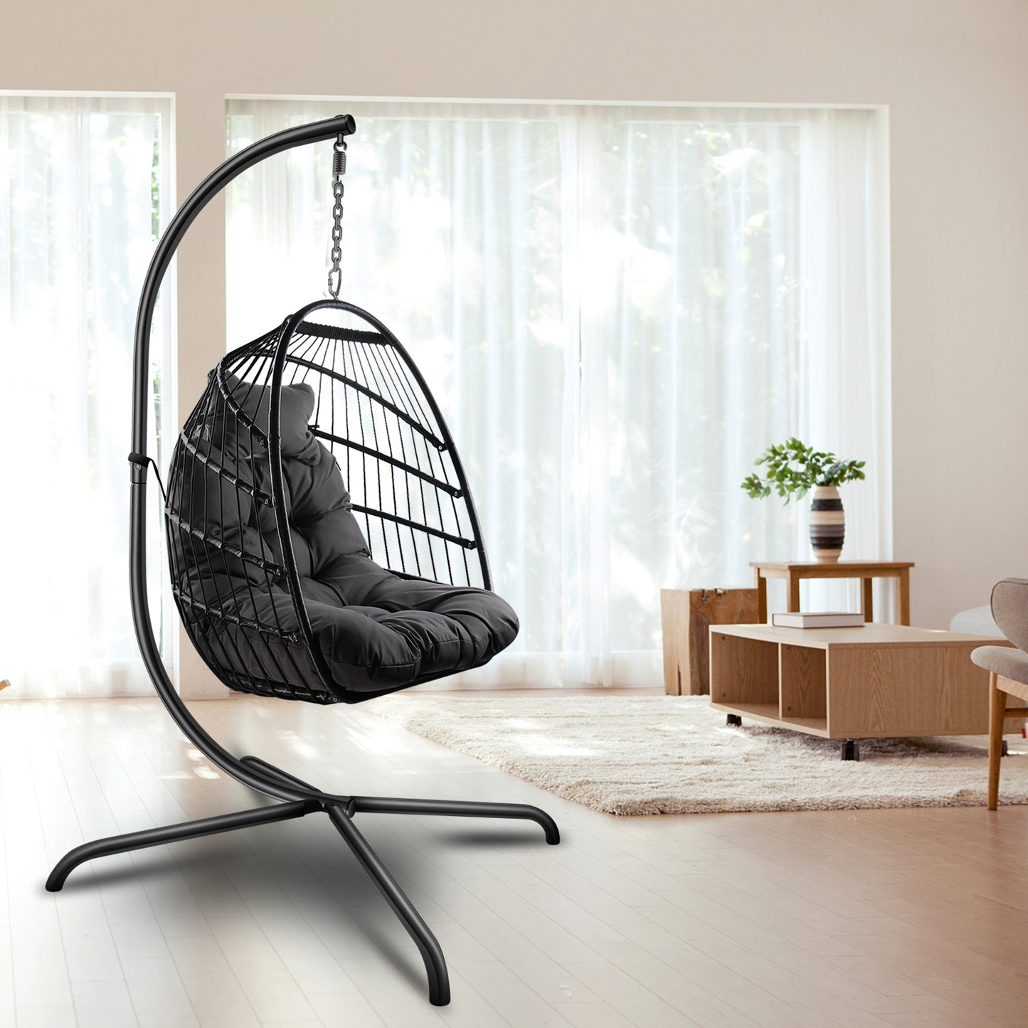 SYNGAR Egg Chair with Stand, Wicker Swing Chair, Patio Hammock Chair with Soft Cushion, Indoor Outdoor Balcony Bedroom Basket Hanging Lounge Chair, Heavy Duty Frame for 350 lbs Capacity, C27