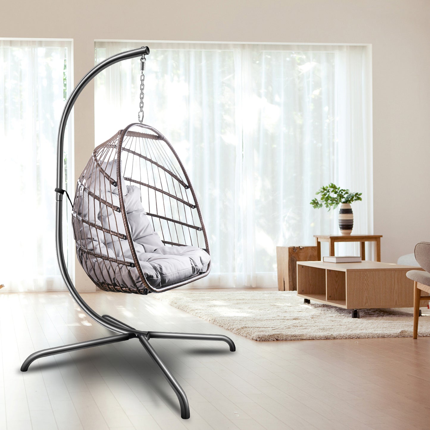 SYNGAR Egg Chair with Stand, Wicker Swing Chair, Patio Hammock Chair with Soft Cushion, Indoor Outdoor Balcony Bedroom Basket Hanging Lounge Chair, Heavy Duty Frame for 350 lbs Capacity, C27