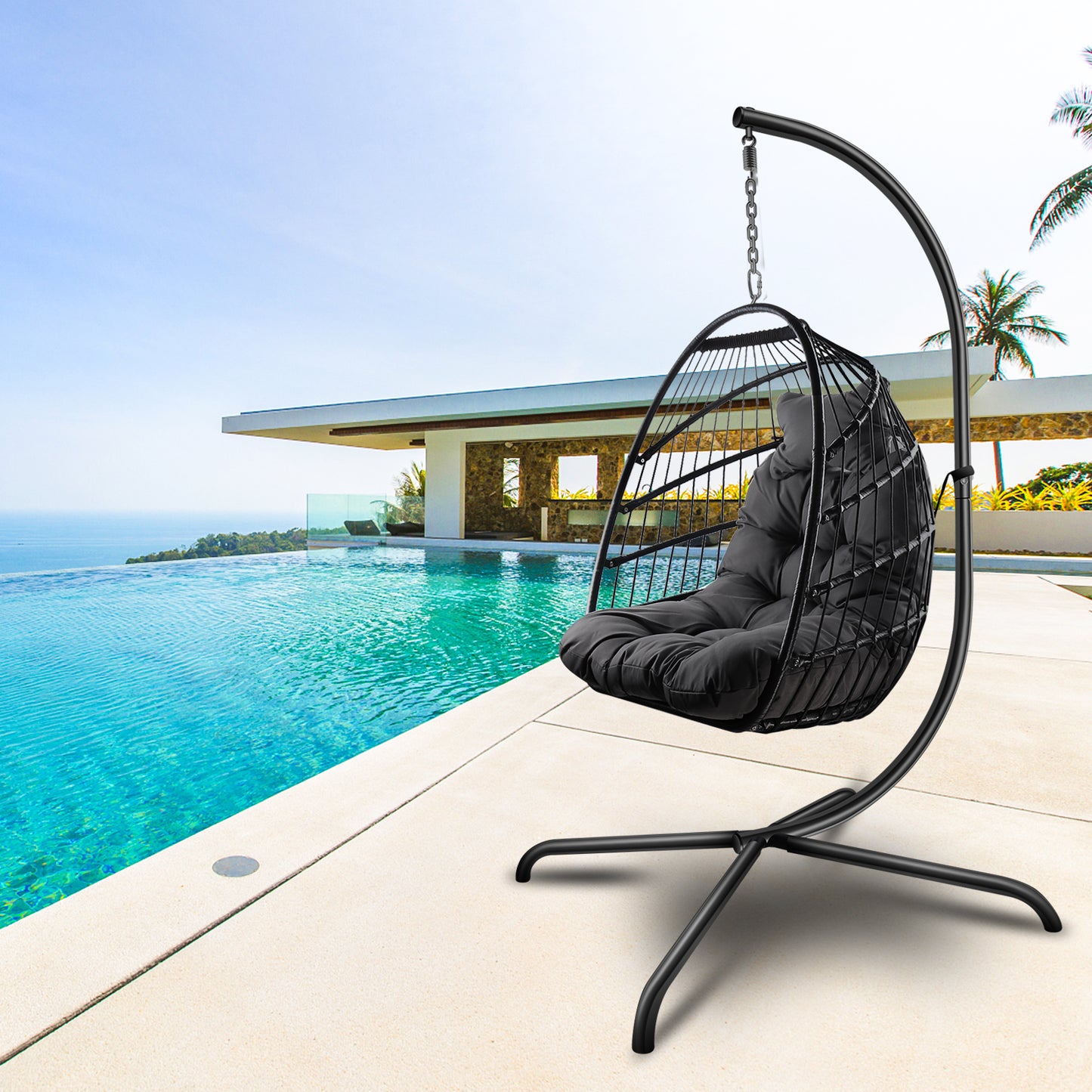 SYNGAR Egg Chair with Stand, Wicker Swing Chair, Patio Hammock Chair with Soft Cushion, Indoor Outdoor Balcony Bedroom Basket Hanging Lounge Chair, Heavy Duty Frame for 350 lbs Capacity, C27