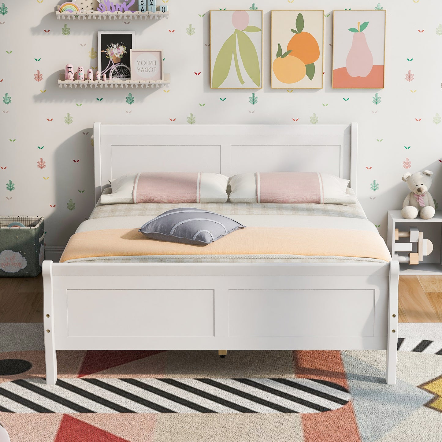White Wood Twin Bed Frame with Headboard and Footboard, No Box Spring Needed