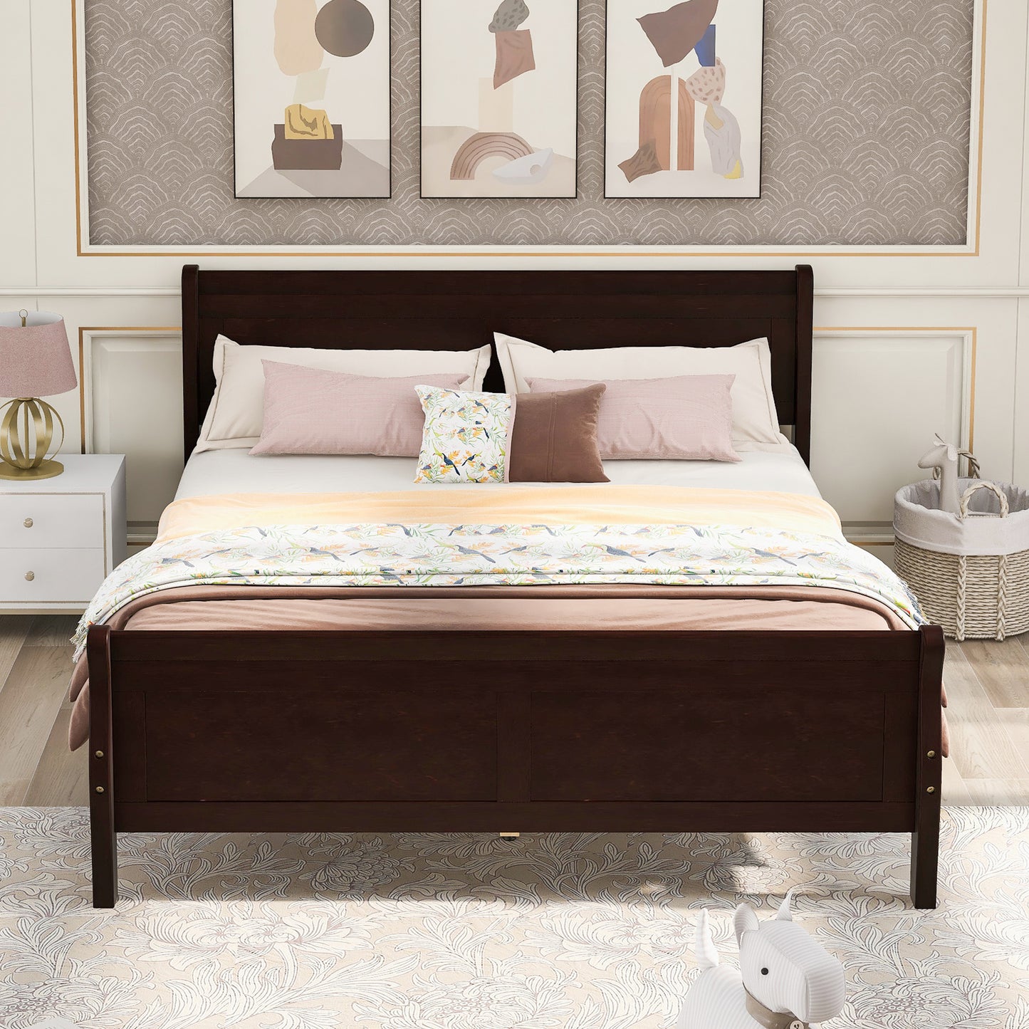 White Wood Twin Bed Frame with Headboard and Footboard, No Box Spring Needed