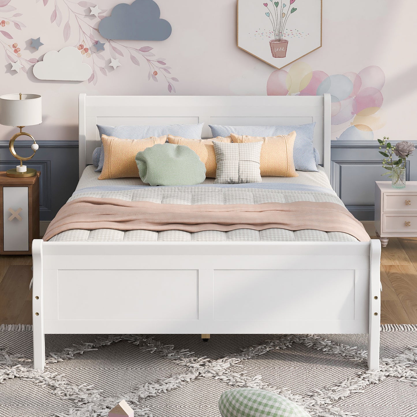 White Wood Twin Bed Frame with Headboard and Footboard, No Box Spring Needed