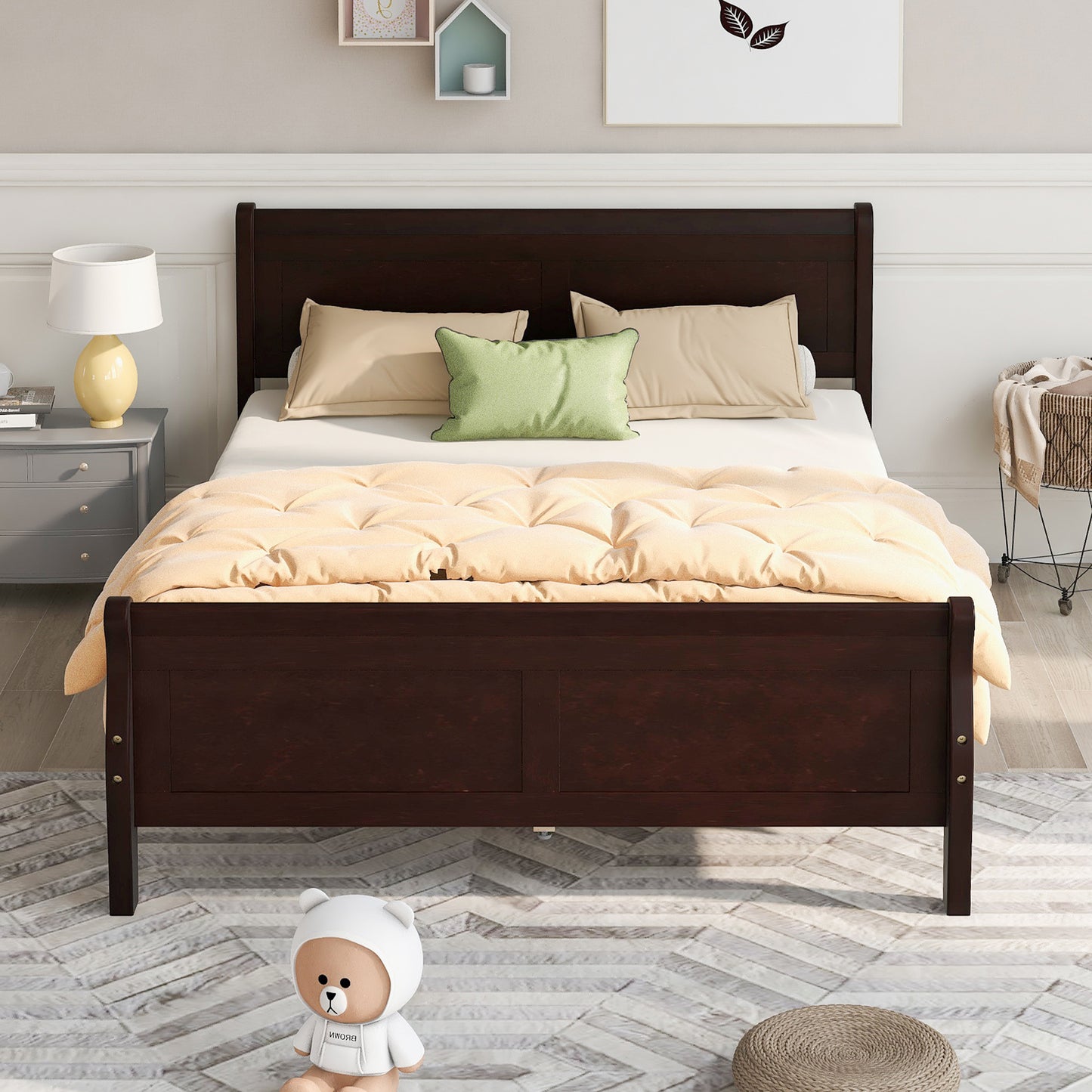 White Wood Twin Bed Frame with Headboard and Footboard, No Box Spring Needed