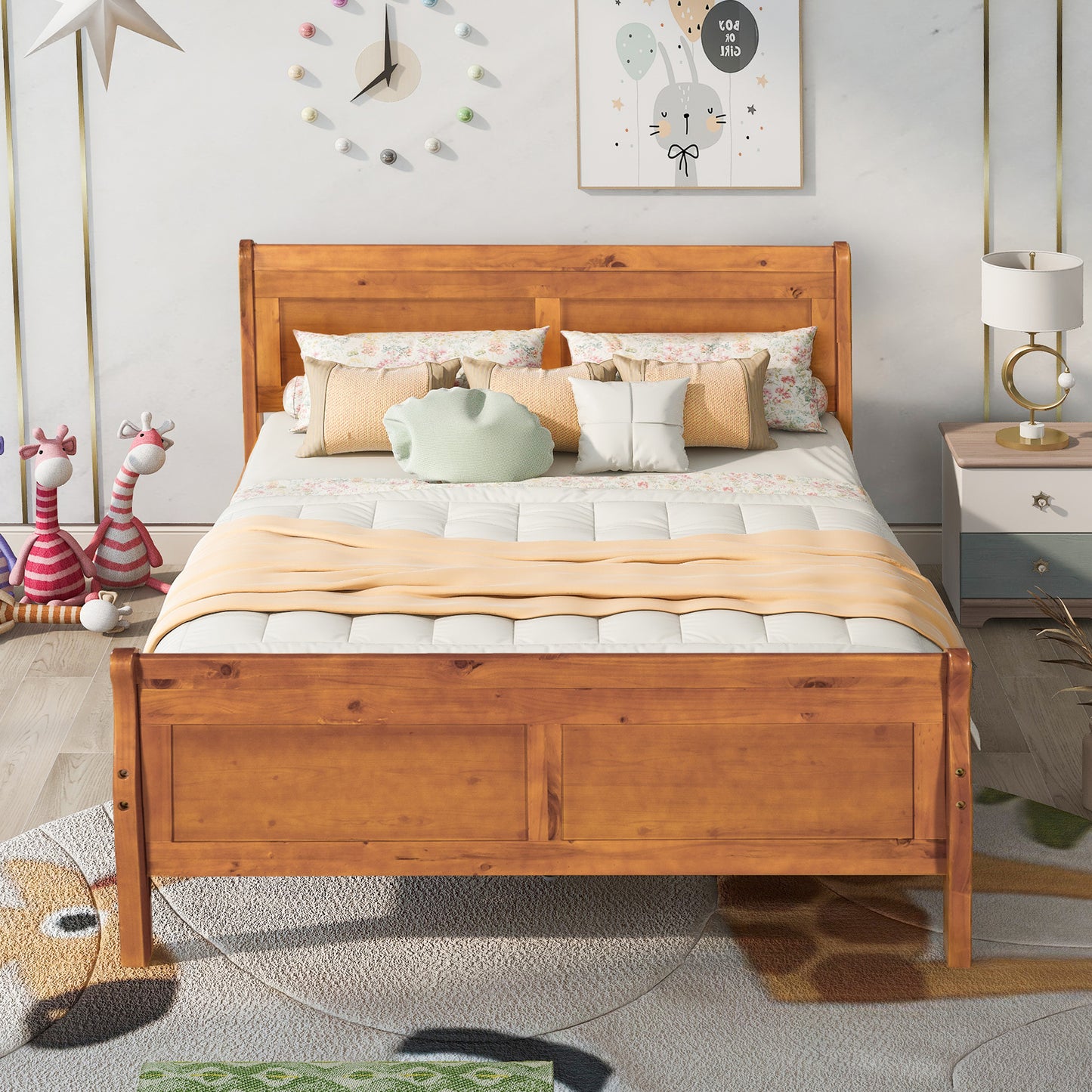 White Wood Twin Bed Frame with Headboard and Footboard, No Box Spring Needed