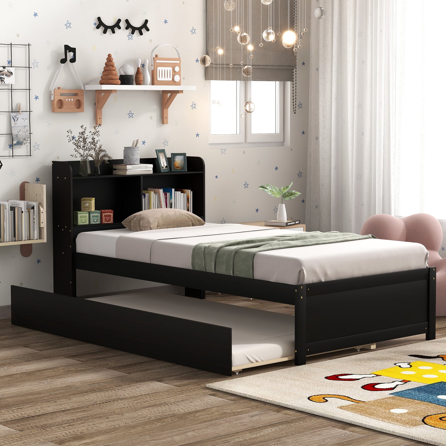 Twin Bed Frame with Trundle Included, Solid Pine Wood Platform Bed Frame with Storage Headboard for Kids Teens Adults, Espresso