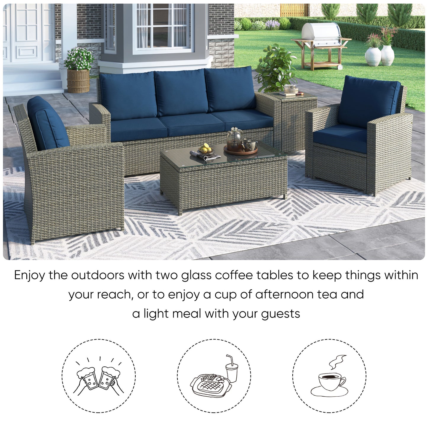 SYNGAR Outdoor Furniture Set, 5 Pieces Patio PE Rattan Wicker Furniture Sofa Set Outdoor Indoor Furniture Set for Backyard Lawn Garden Deck, Blue