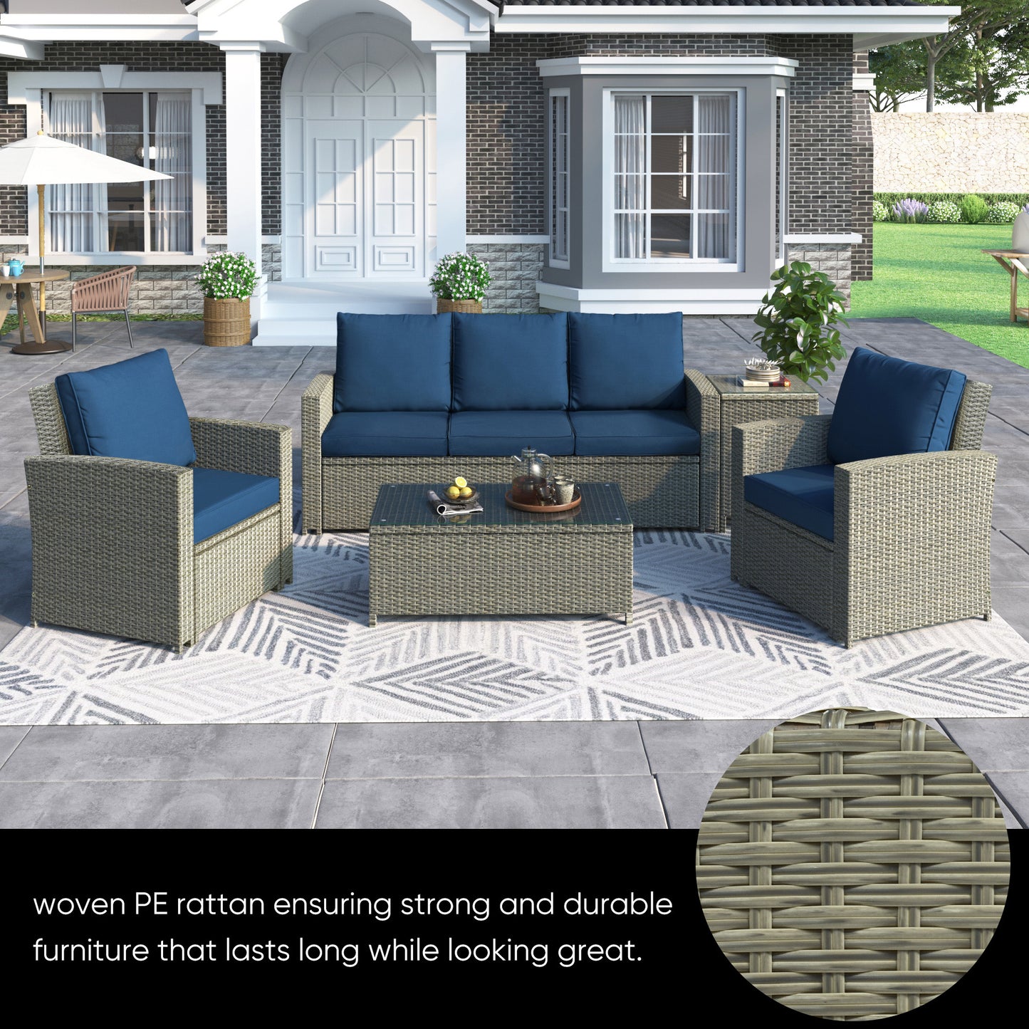 SYNGAR Outdoor Furniture Set, 5 Pieces Patio PE Rattan Wicker Furniture Sofa Set Outdoor Indoor Furniture Set for Backyard Lawn Garden Deck, Blue