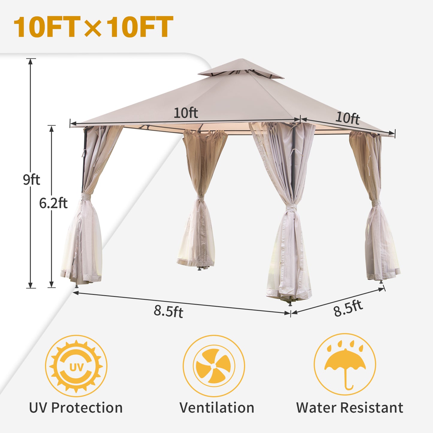 SYNGAR 10 x 10 ft Patio Gazebo, Outdoor Tent with Double Vented Roof and Mosquito Netting, Backyard Relaxing Gazebo Canopy for Shade and Rain, Perfect for Poolside, Deck, Garden, Khaki, Y023