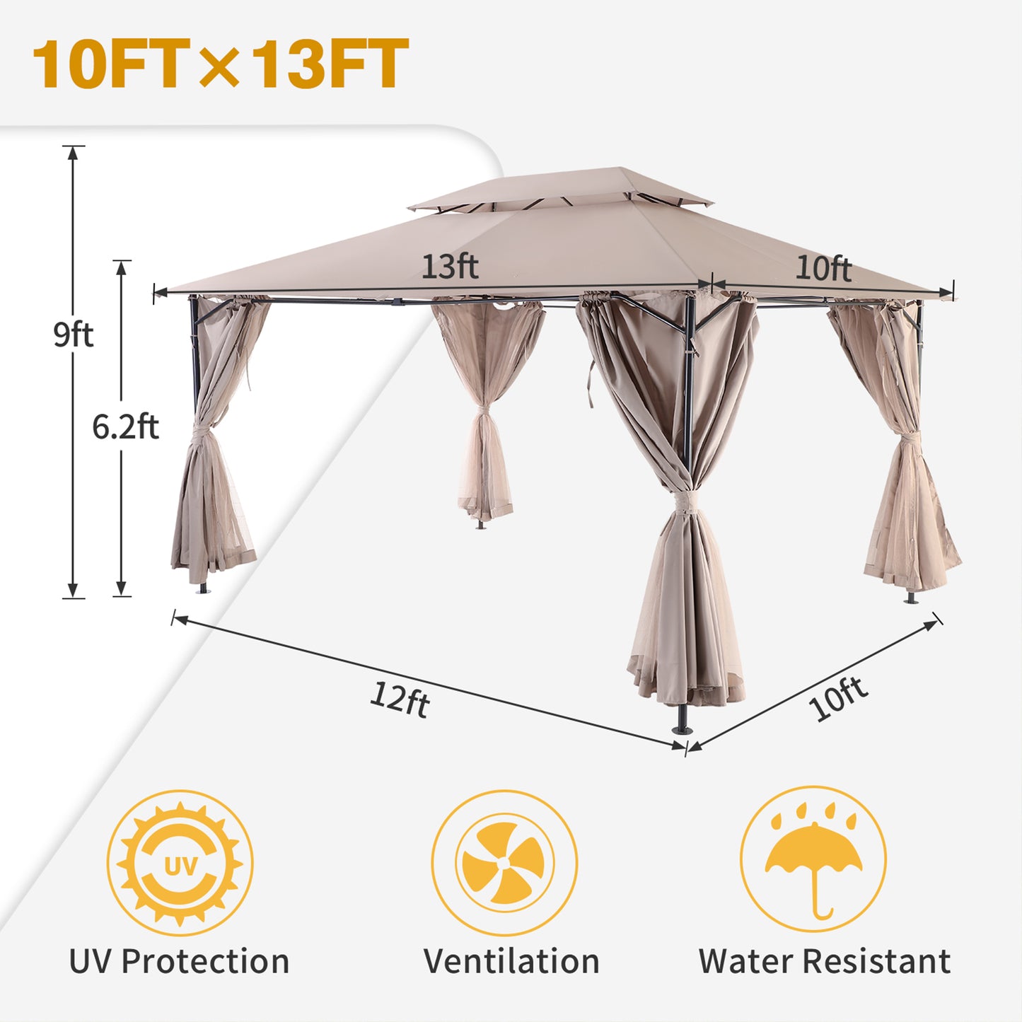 10' x 13' Gazebo for Patios, Double Roof Gazebo with Mosquito Netting for Shade and Rain, Outdoor Canopy Tent for Backyard, Garden, Lawn, Deck, Khaki, Y022